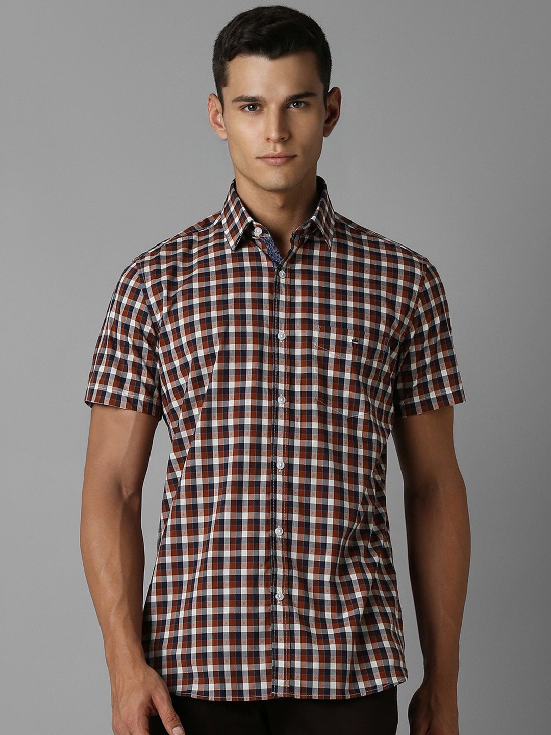 

Louis Philippe Men Spread Collar Micro Checked Cotton Slim Fit Casual Shirt, Brown