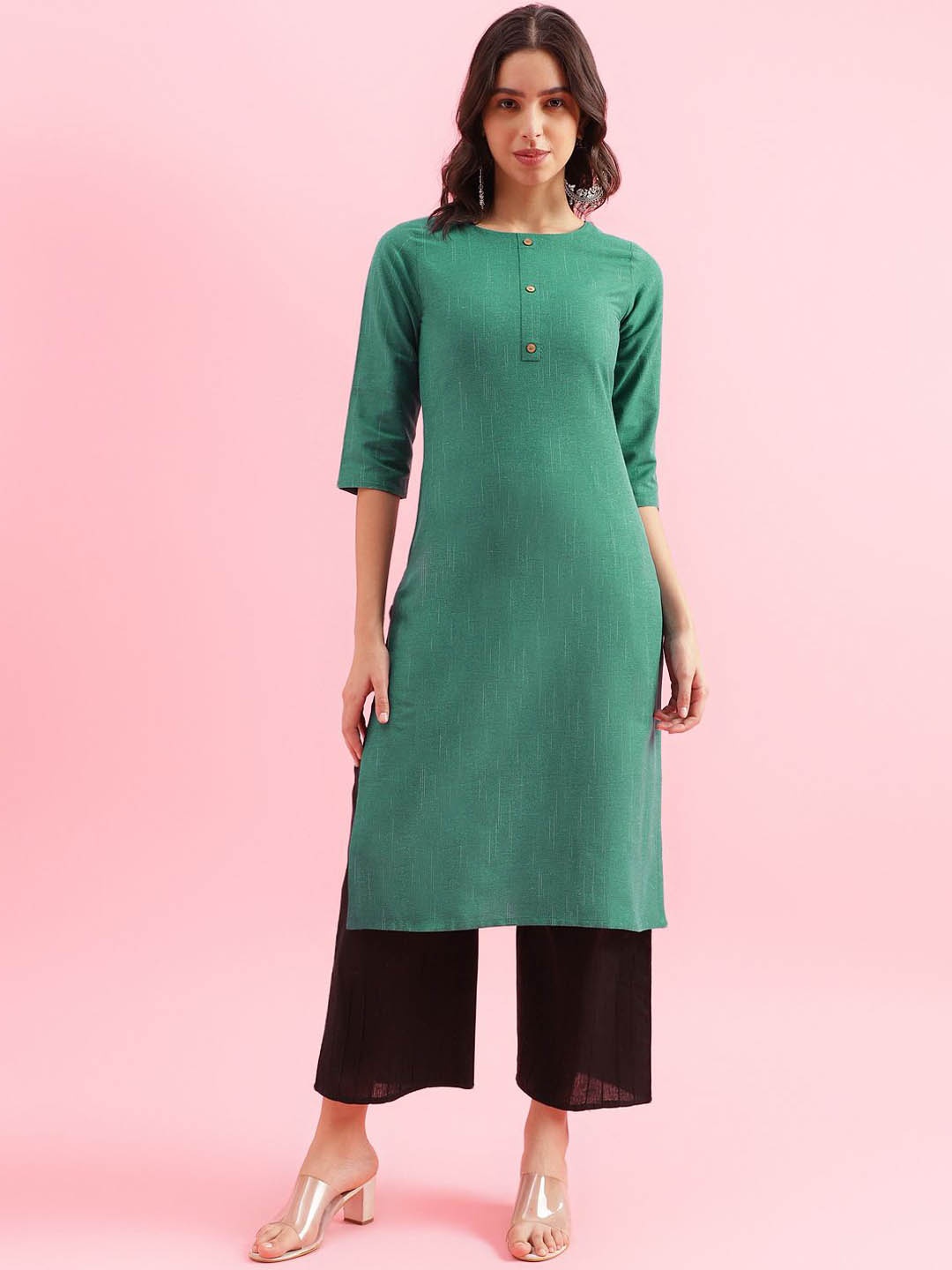 

KALINI Round Neck Three Quarter Sleeves Straight Kurta, Green