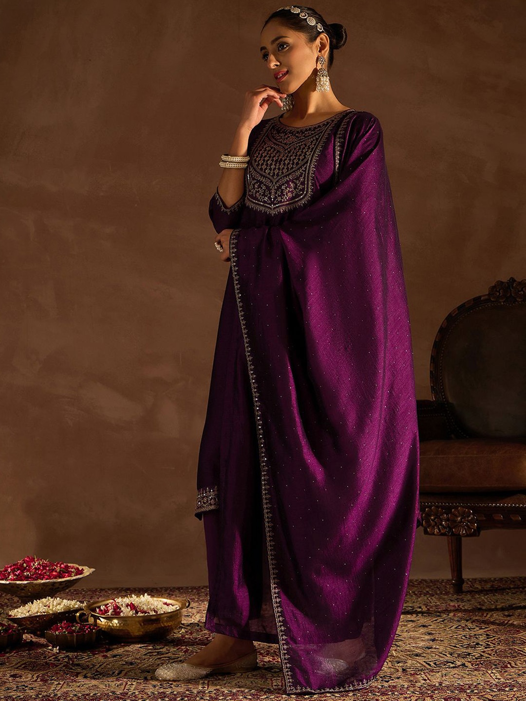 

Indo Era Ethnic Motifs Embroidered Sequinned Straight Kurta With Trousers & Dupatta, Purple