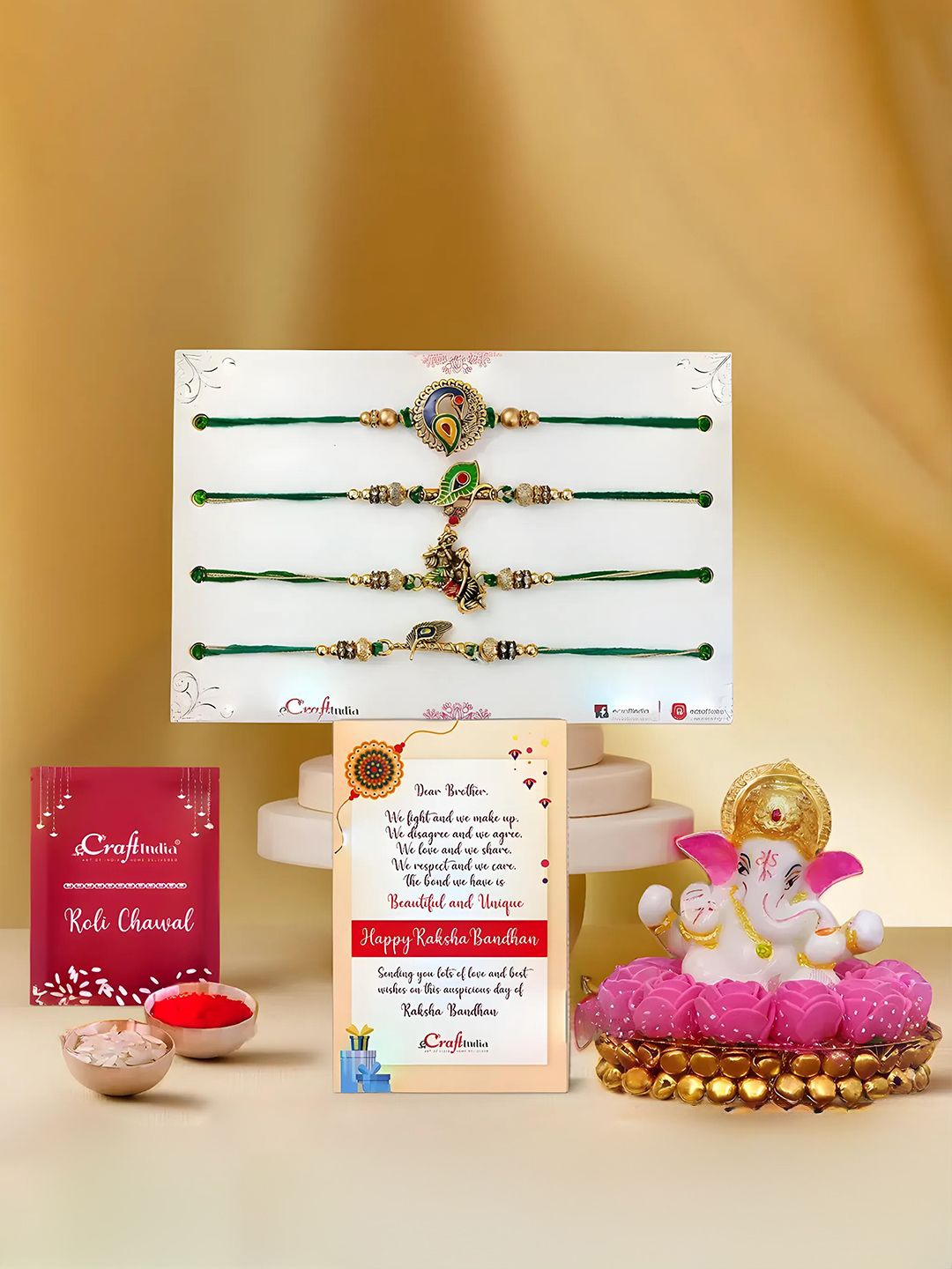 

eCraftIndia Set of 5 Thread Rakhi & Lord Ganesha Idol on Roses Plate With Roli Chawal, Green