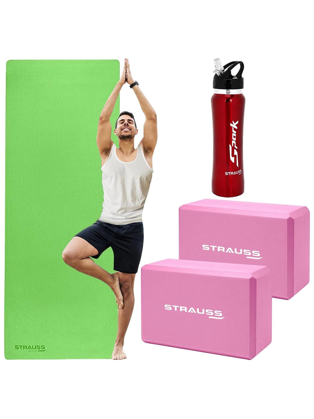 

STRAUSS Yoga Mat With Bottle & 2 Yoga Blocks, Green
