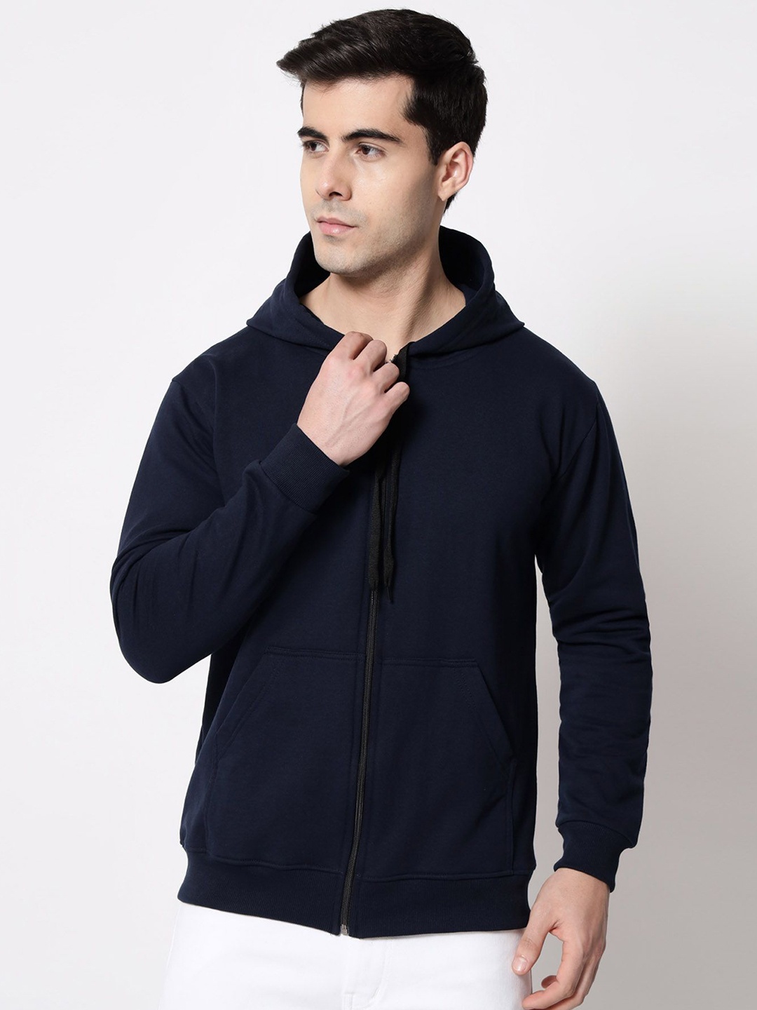 

SLOWLORIS Men Solid Hooded Sweatshirt, Navy blue