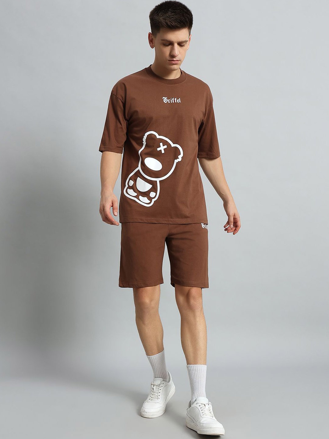 

GRIFFEL Printed Pure Cotton T-Shirt With Shorts, Camel brown