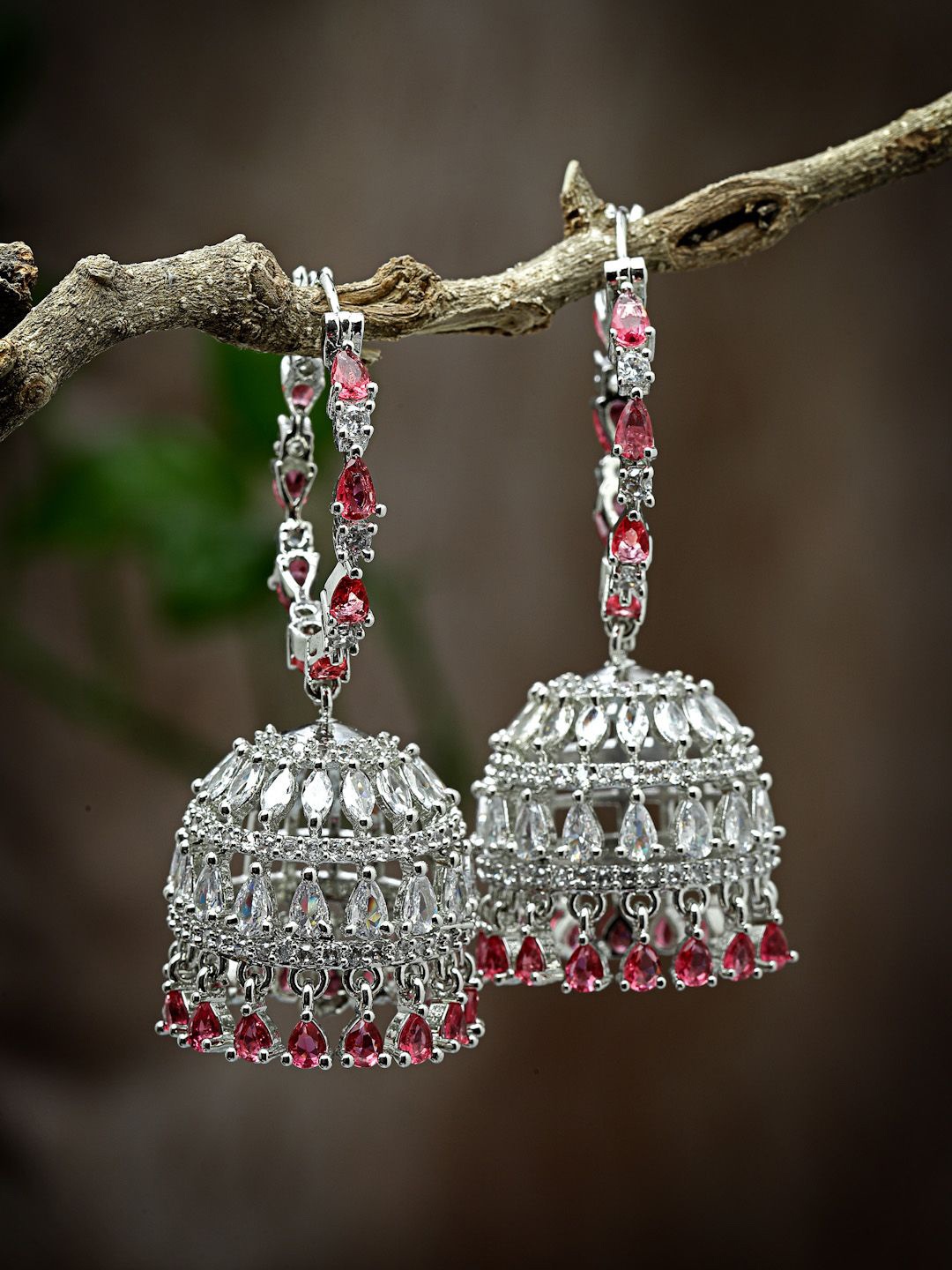 

ZENEME Silver Plated American Diamond Dome Shaped Jhumkas, Red