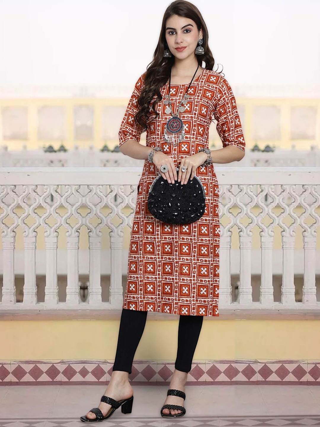 

7Threads Geometric Printed Round Neck Straight Kurta, Brown