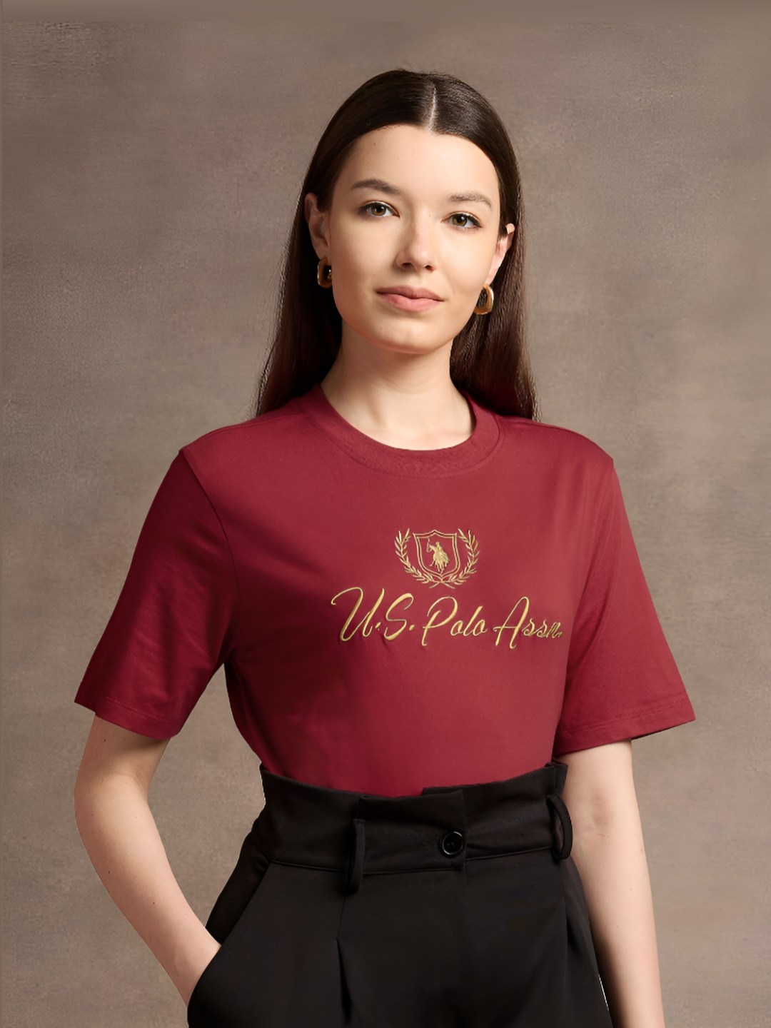 

U.S. Polo Assn. Women Embroidered Pure Cotton Boxy T-shirt, Red