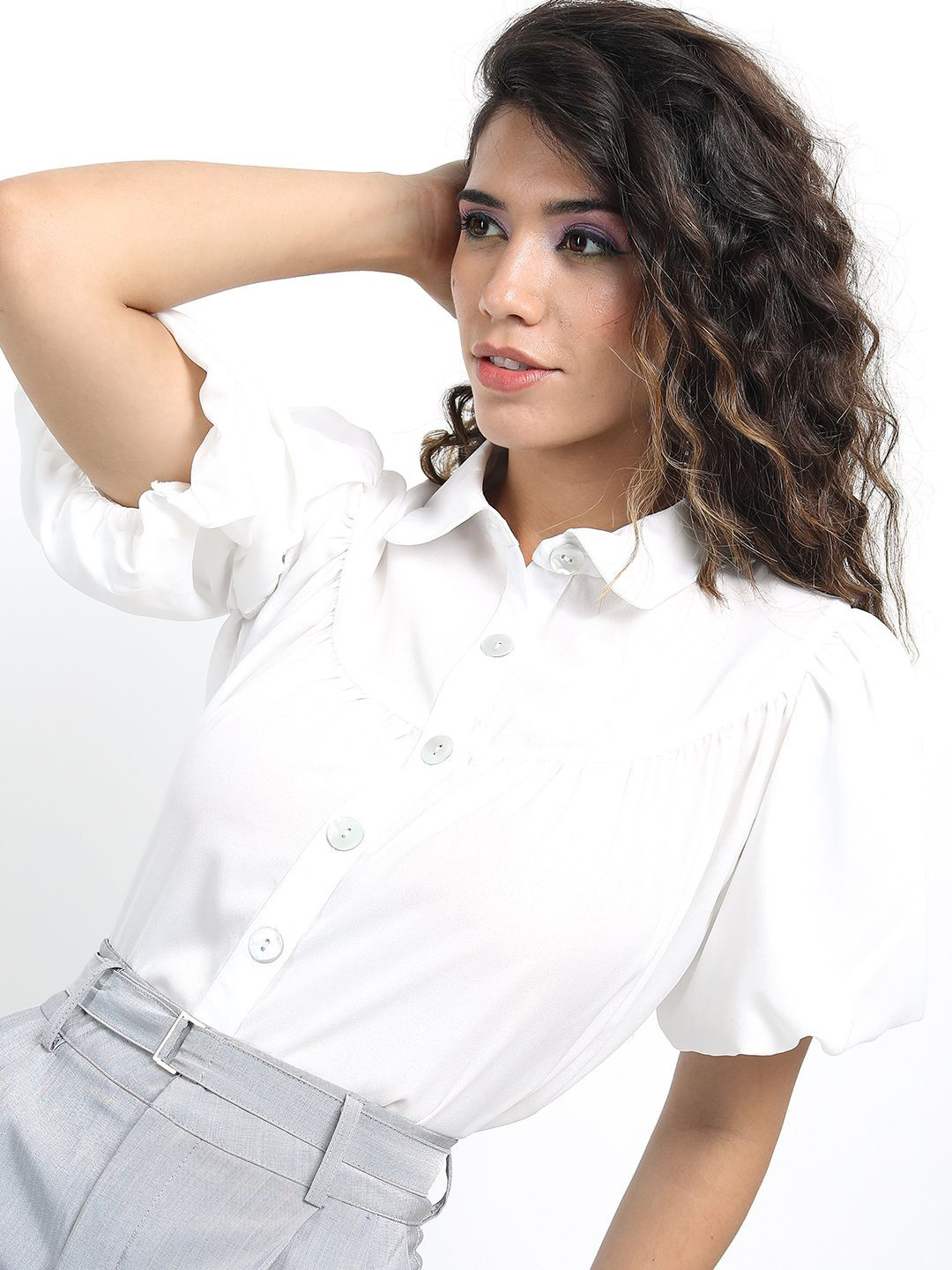 

Tokyo Talkies Women Solid Shirt Collar Top, White