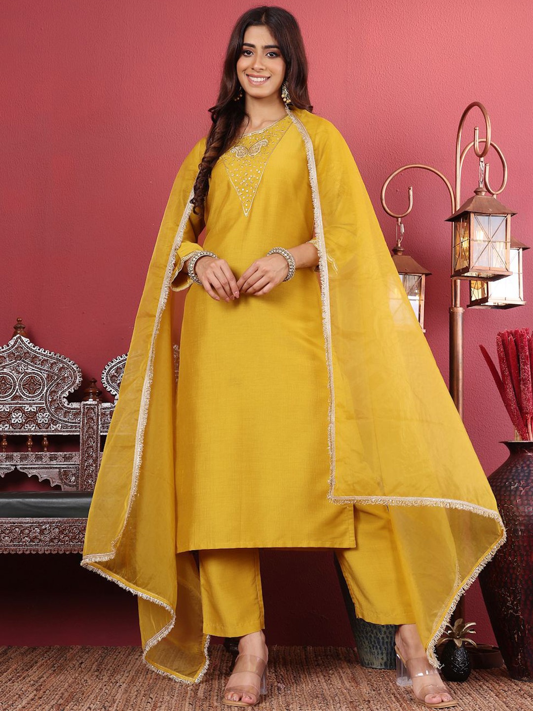 

Varanga Floral Embroidered Straight Kurta With Trouser & Dupatta, Yellow