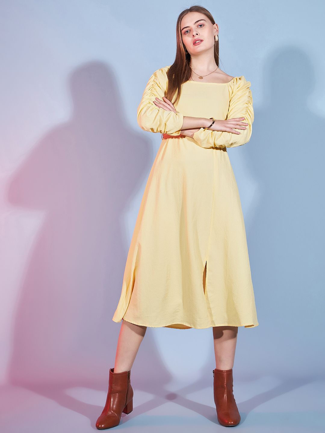 

DressBerry Solid Fit & Flare Midi Dress, Yellow