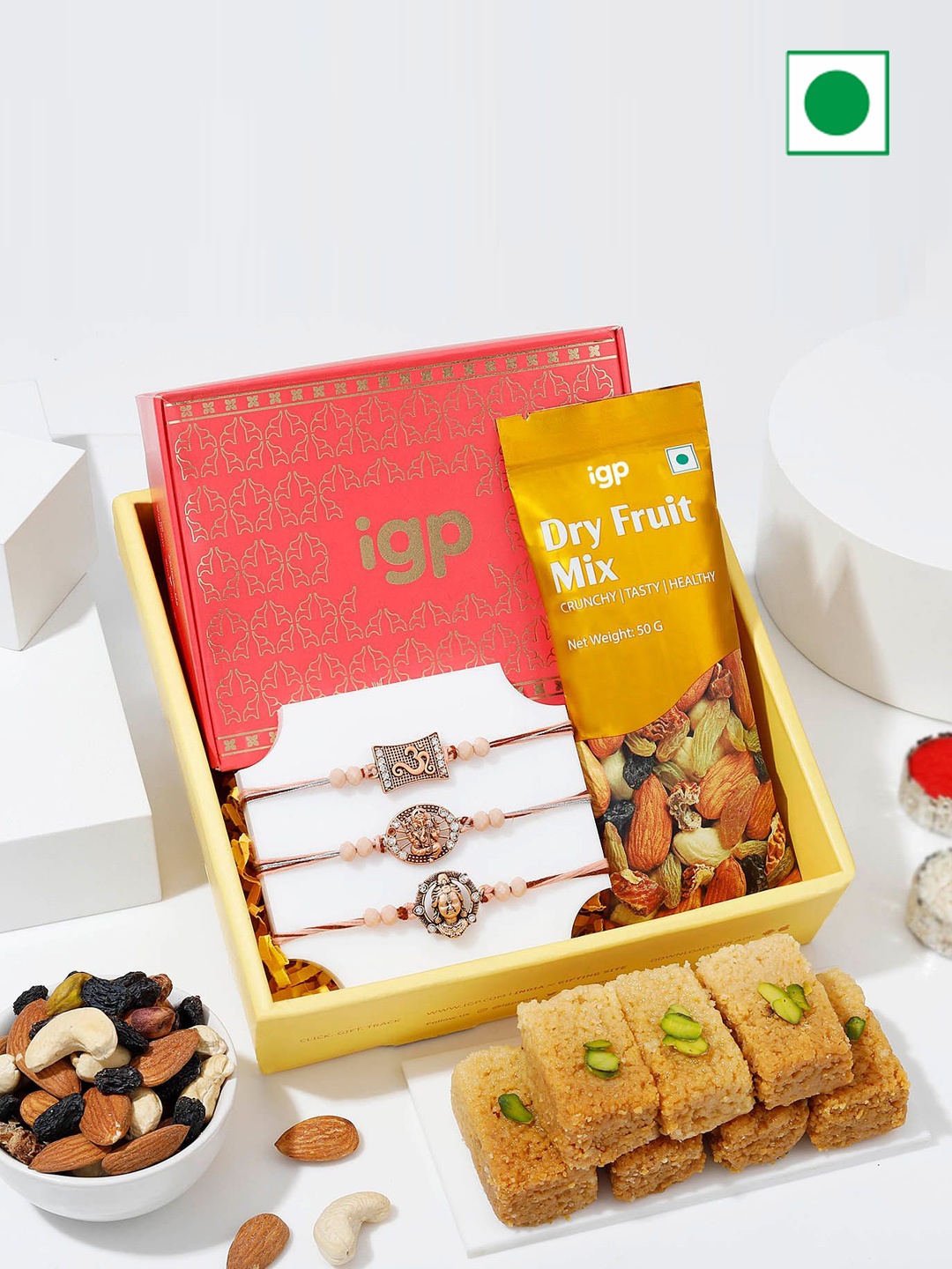 

IGP Set Of 3 Rakhi with Dryfruit Mix & Sweets Gift Hamper, Multi