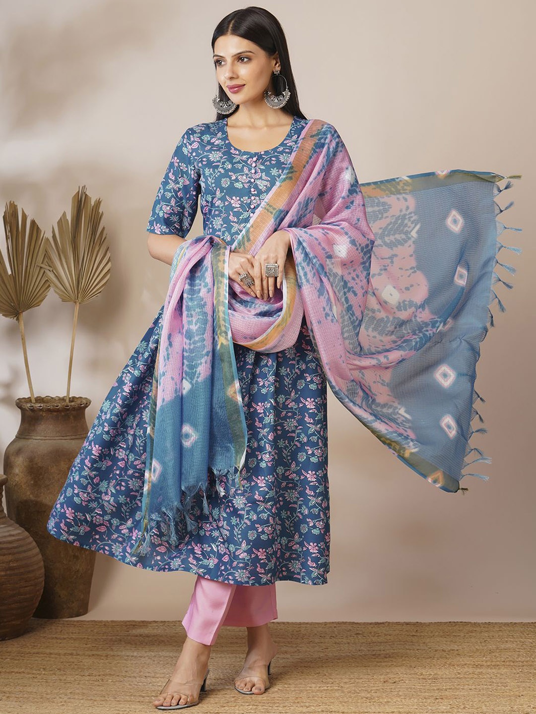 

GoSriKi Floral Printed Anarkali Kurta With Trousers & Dupatta, Blue