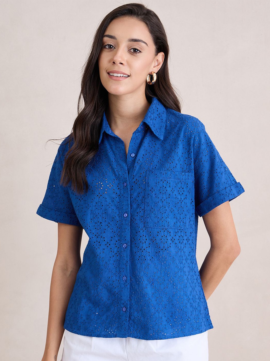 

FEMMELLA Women Schiffli Shirt Style Cotton Top, Blue