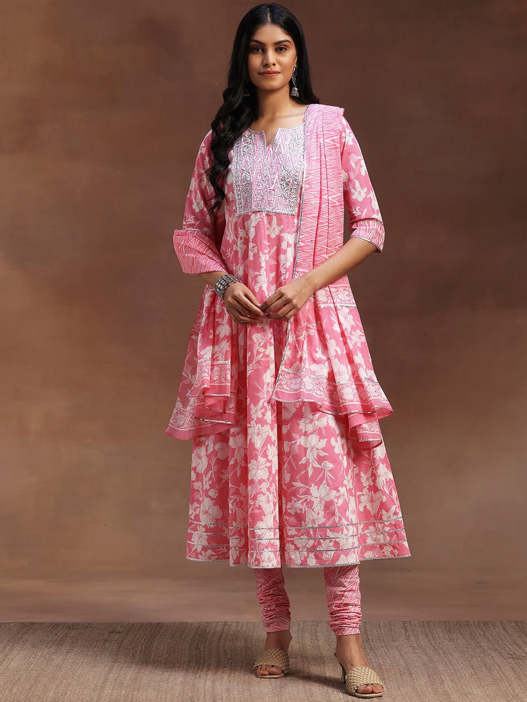 

Libas Floral Printed Panelled Thread Work Pure Cotton Anarkali Kurta & Churidar & Dupatta, Pink
