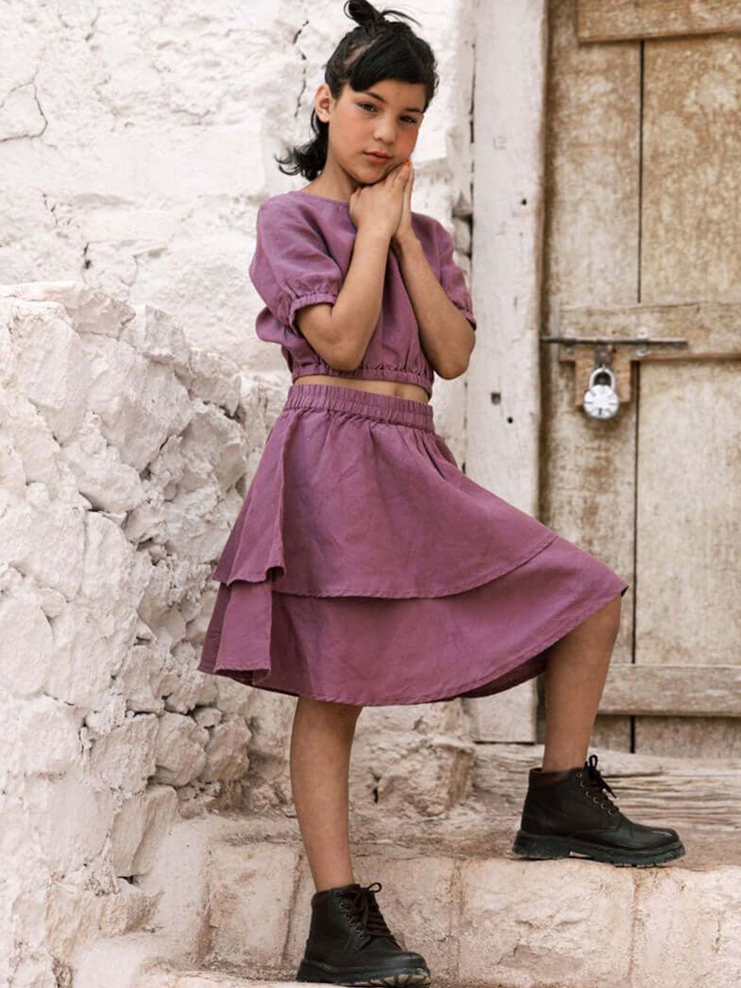 

CHI LINEN CLOTHING Girls Round Neck Linen Top with Skirt, Purple