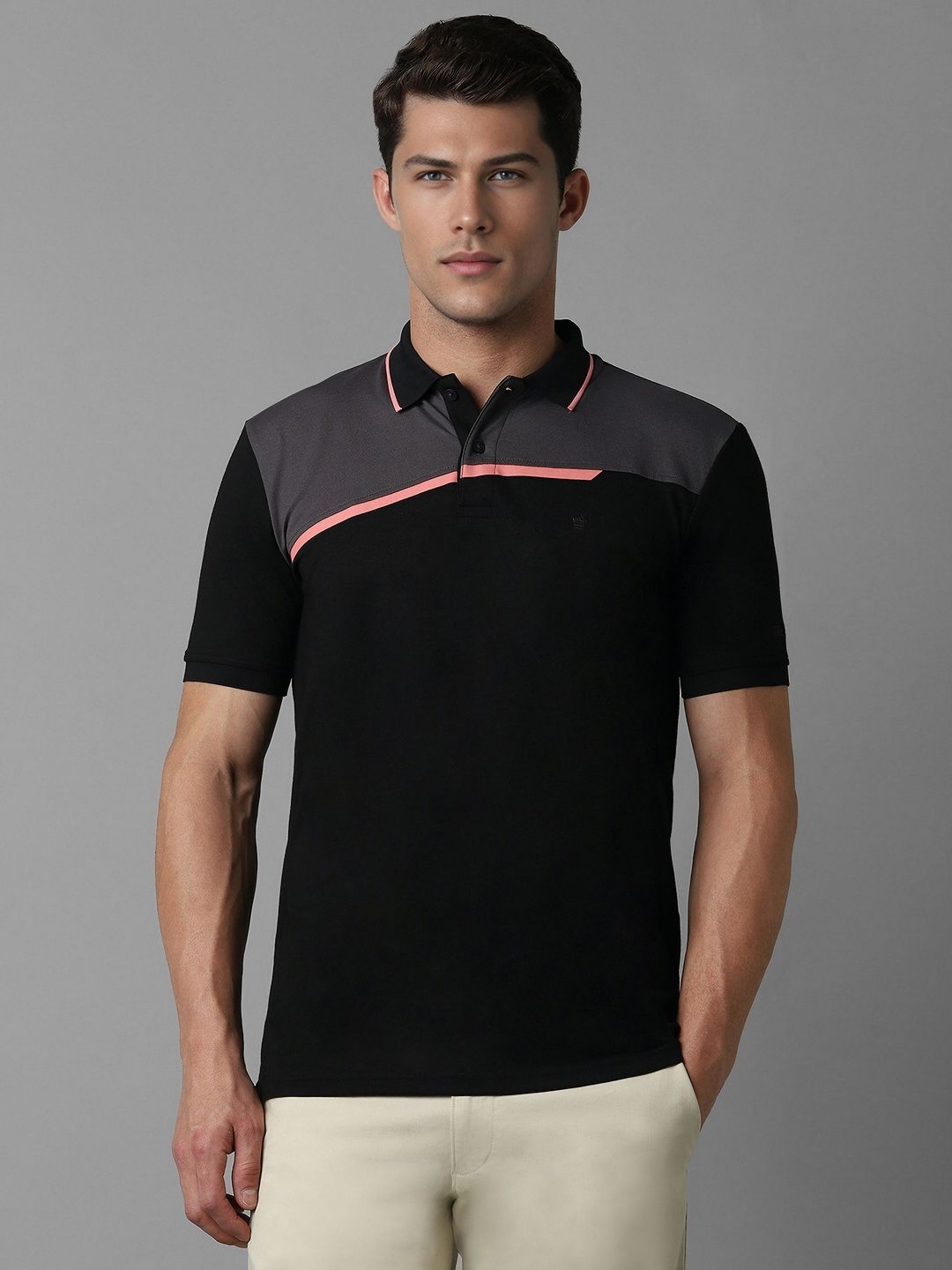 

Louis Philippe Men Colourblocked Polo Collar T-shirt, Black