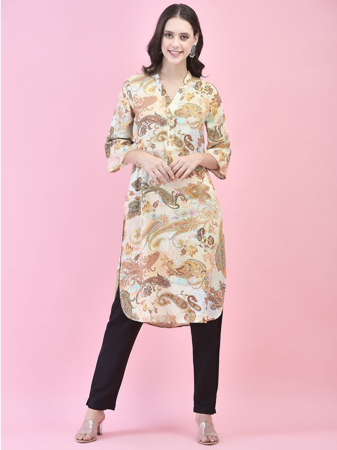 

Shree Paisley Printed Mandarin Collar Straight Kurta, Beige