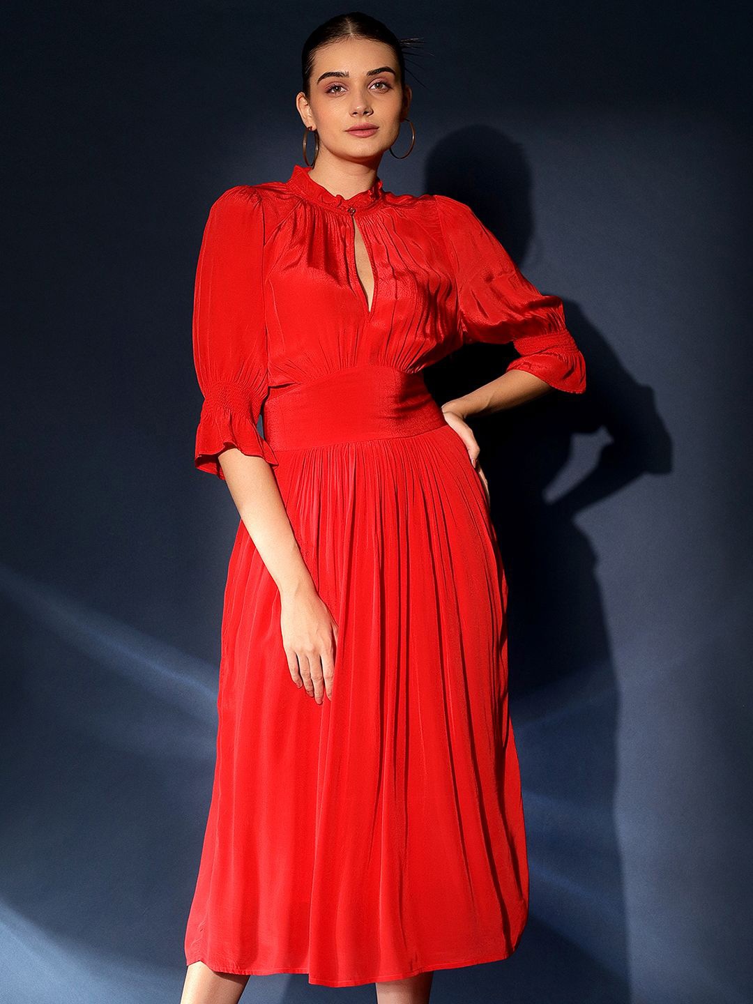 

Saint G Keyhole Neck Puff Sleeves Fit & Flare Dress, Red