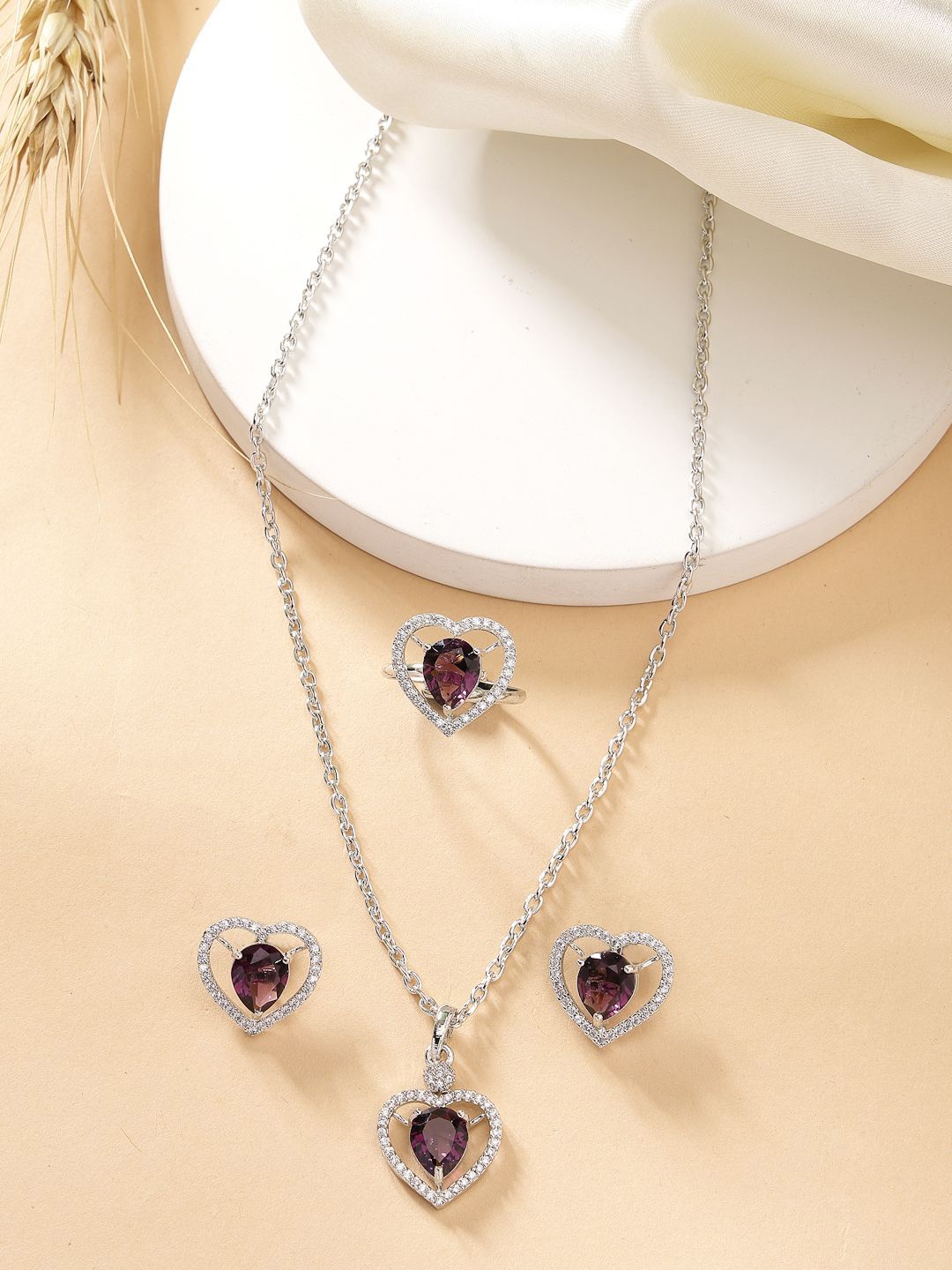 

ZENEME Silver-Plated AD Studded Crystal Heart Necklace and Earrings With Ring