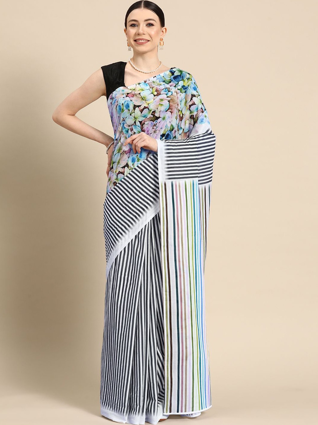 

BUTA BUTI Floral & Striped Printed Pure Cotton Saree, Black