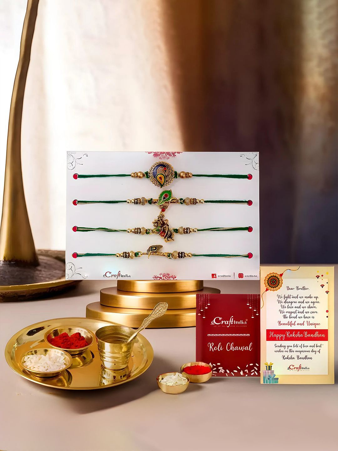 

eCraftIndia Set of 9 Beaded Rakhis With Pooja Thali, Bowls, Spoon & Glass, Gold