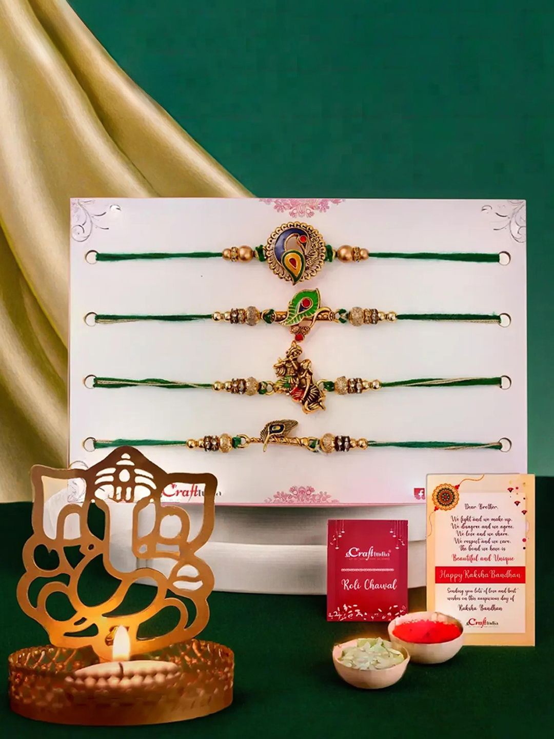 

eCraftIndia Set Of 4 Rakhi With Candle Holders & Greeting Card & Roli Chawal Gift Set, Gold