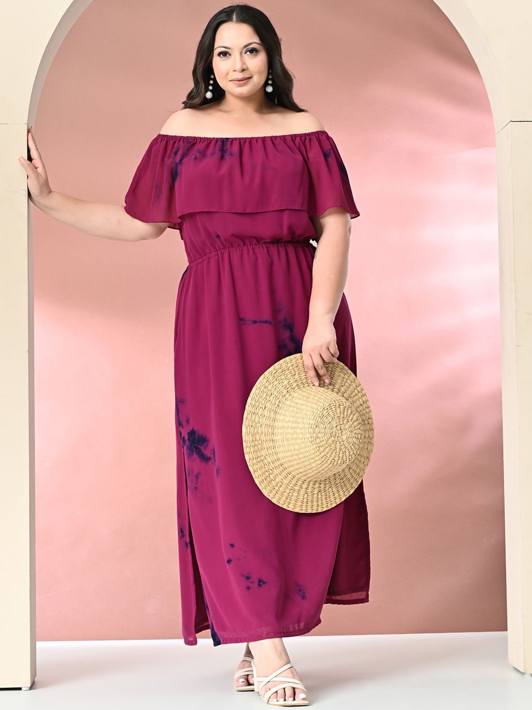 

PrettyPlus by Desinoor.com Plus Size Tie and Dye Off-Shoulder Maxi Dress, Burgundy