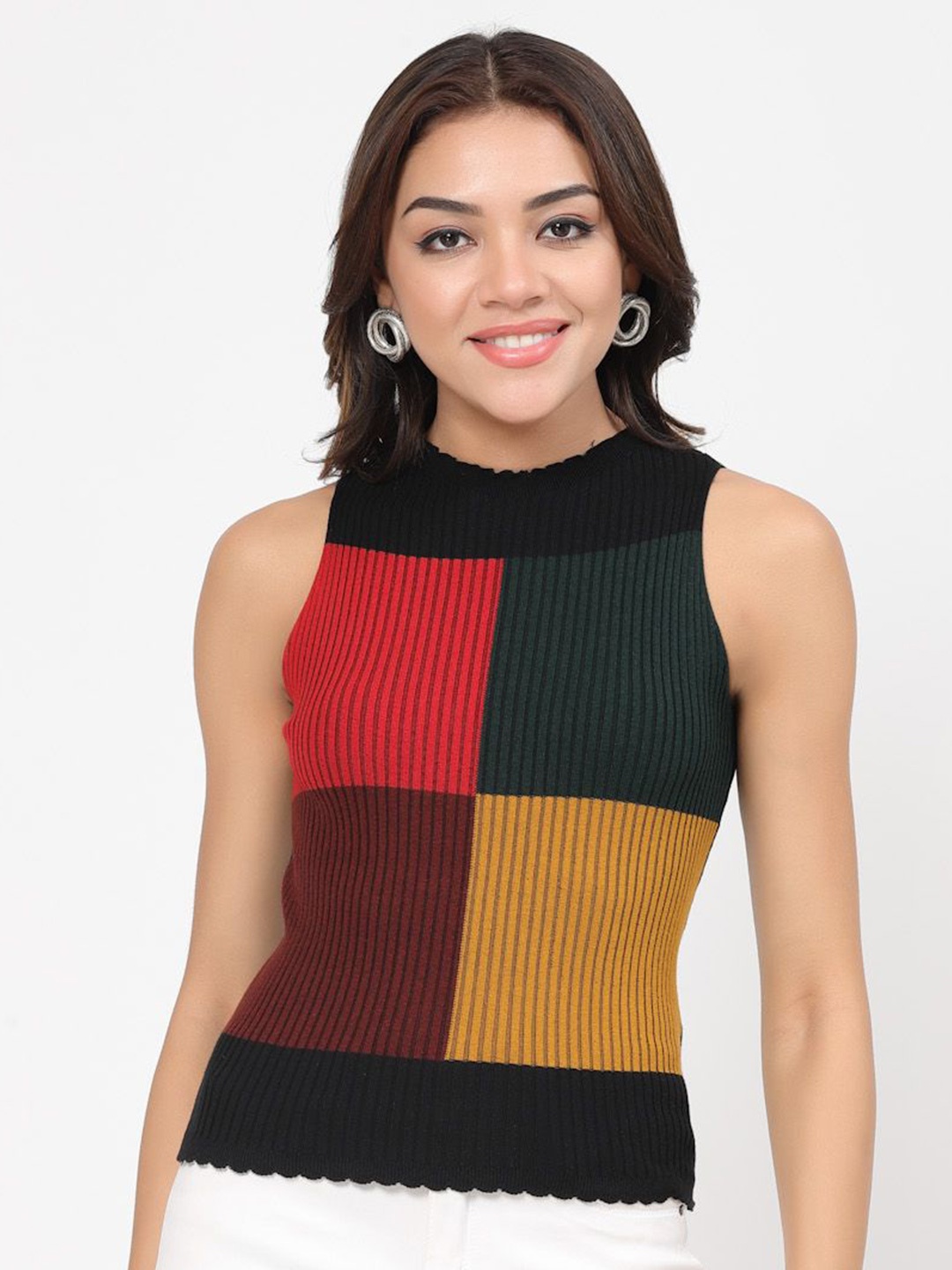 

Kalt Women Colourblocked Round Neck Cotton Top, Black