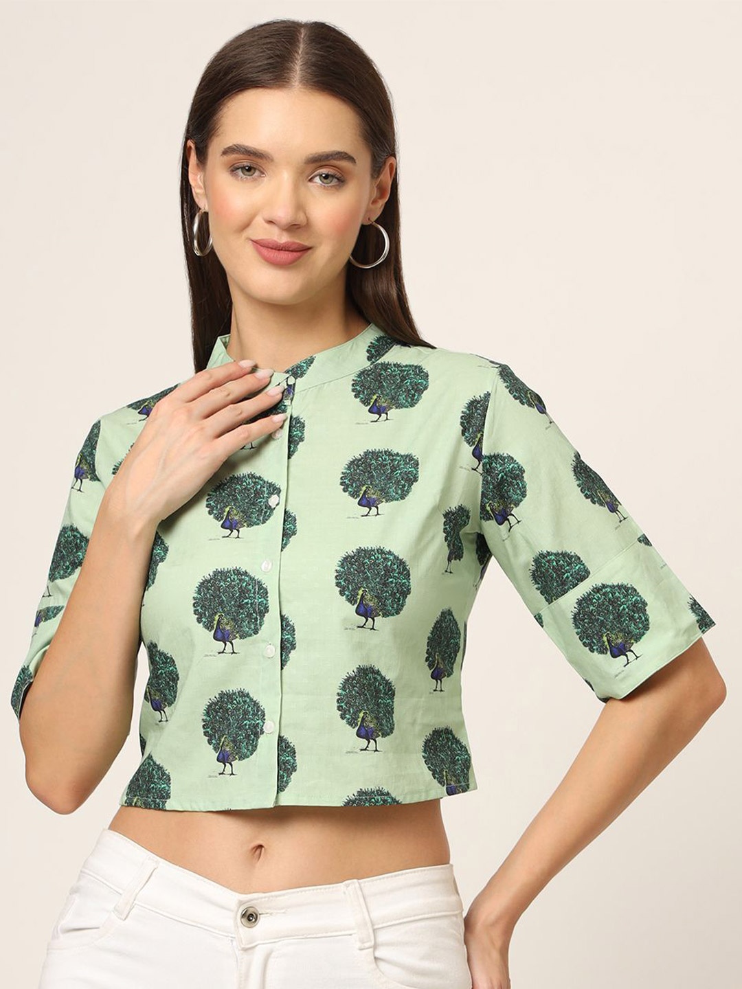 

Rediscover Fashion Women Conversational Printed Mandarin Collar Cotton Top, Green