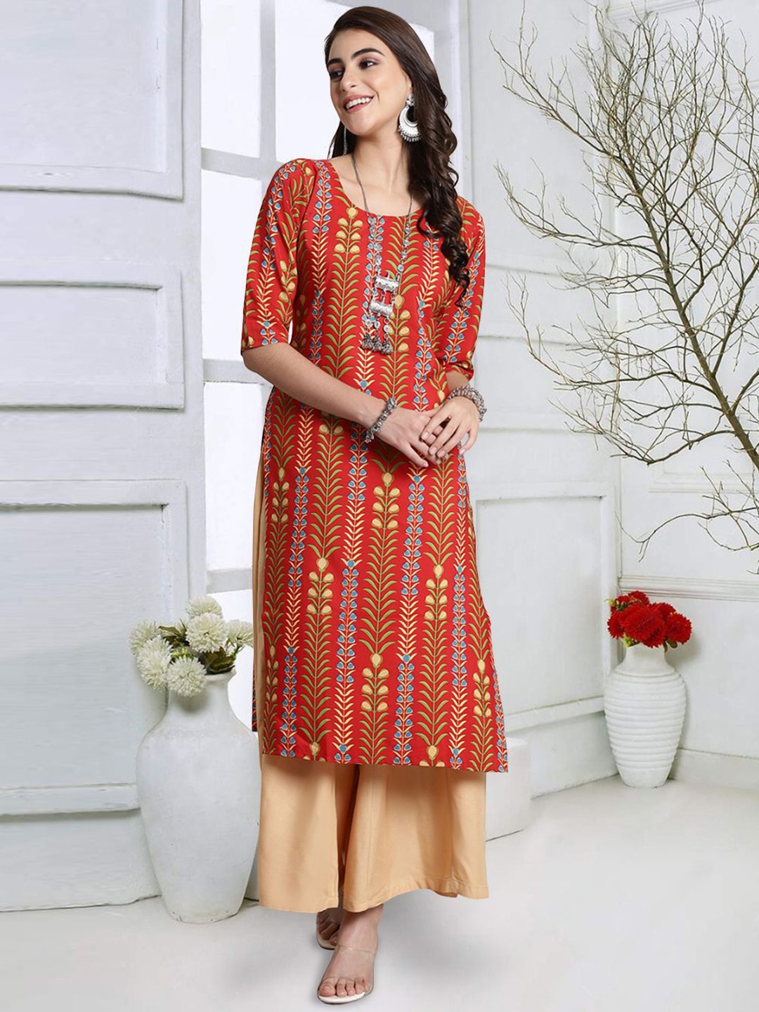 

7Threads Floral Printed Round Neck Straight Kurta, Red