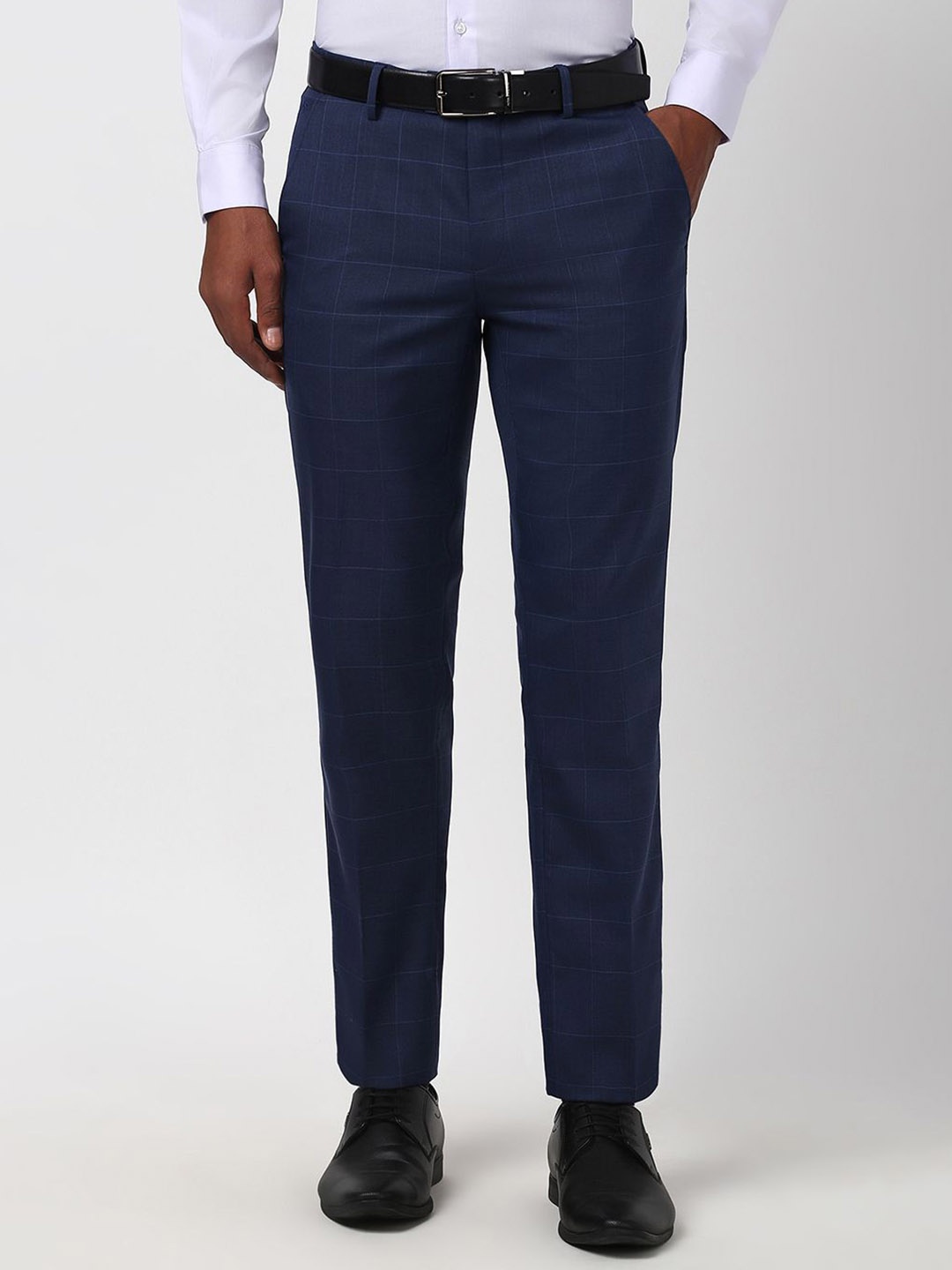 

Peter England Men Checked Slim Fit Formal Trousers, Navy blue