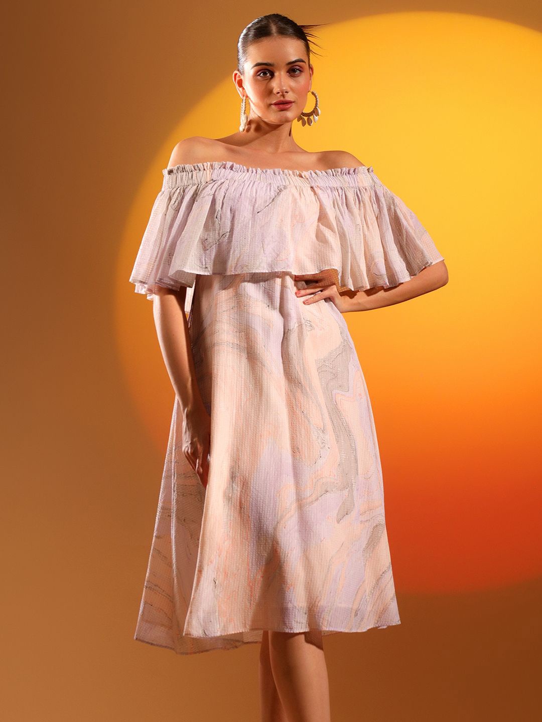 

Saint G Print Off-Shoulder Cape Sleeve A-Line Dress, Beige