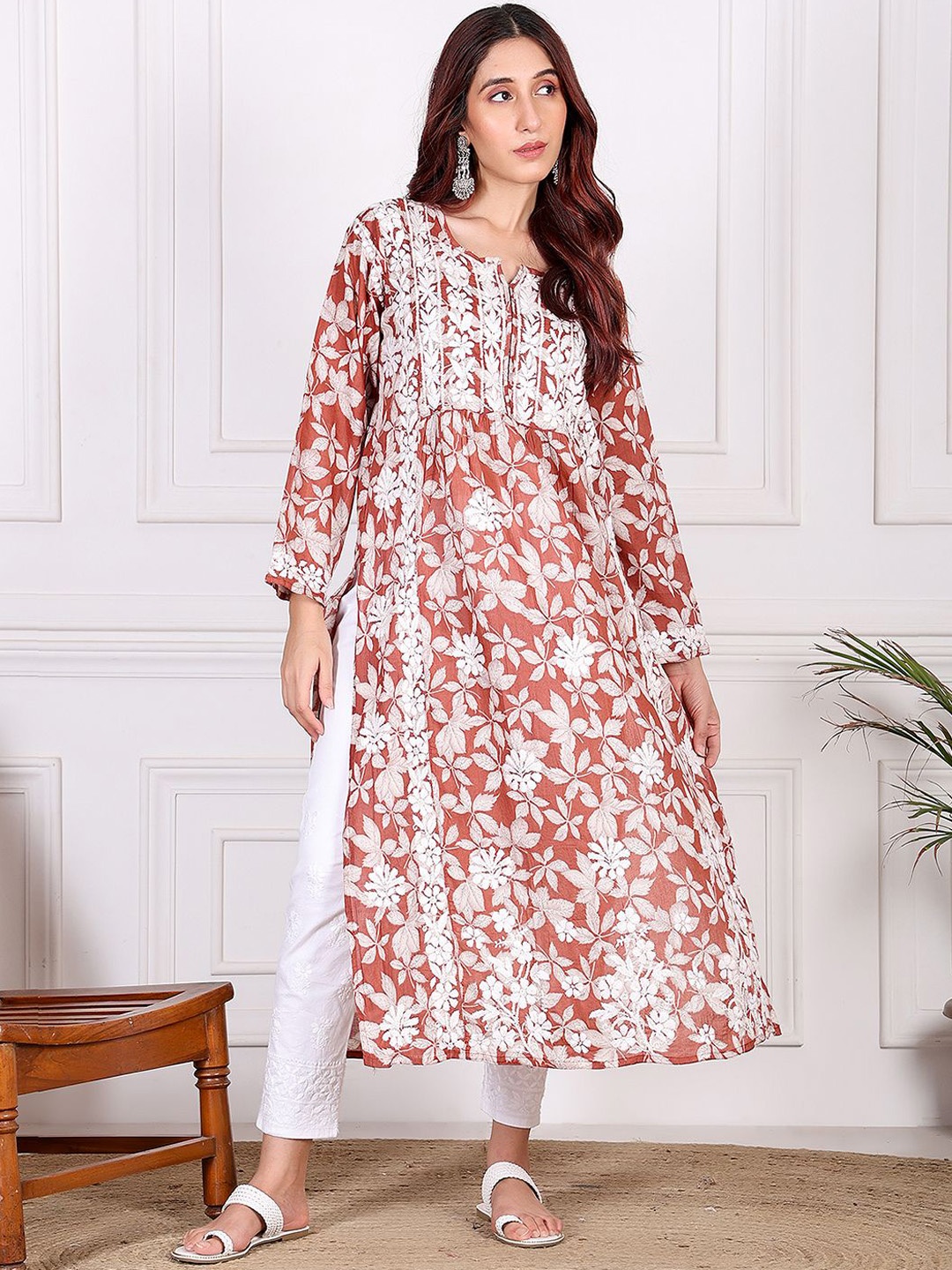 

Chowkhat Floral Printed Notch Neck Thread Work Panelled Pure Cotton A-Line Kurta, Brown