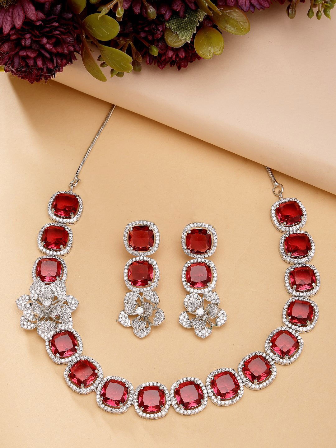 

ZENEME Rhodium Plated American Diamond Studded Necklace and Earrings, Silver