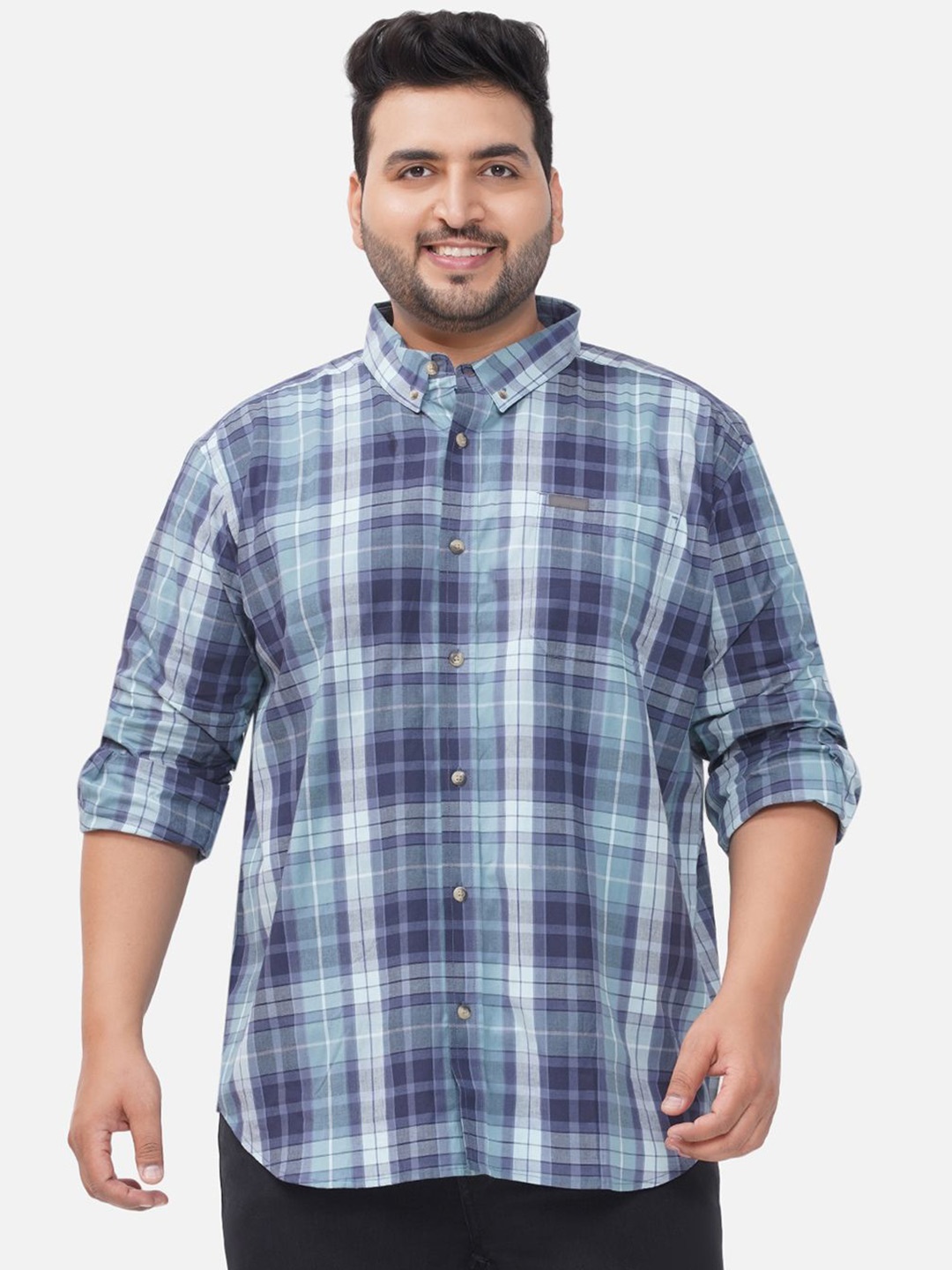 

Santonio Men Plus Size Classic Button-Down Collar Tartan Checked Cotton Casual Shirt, White