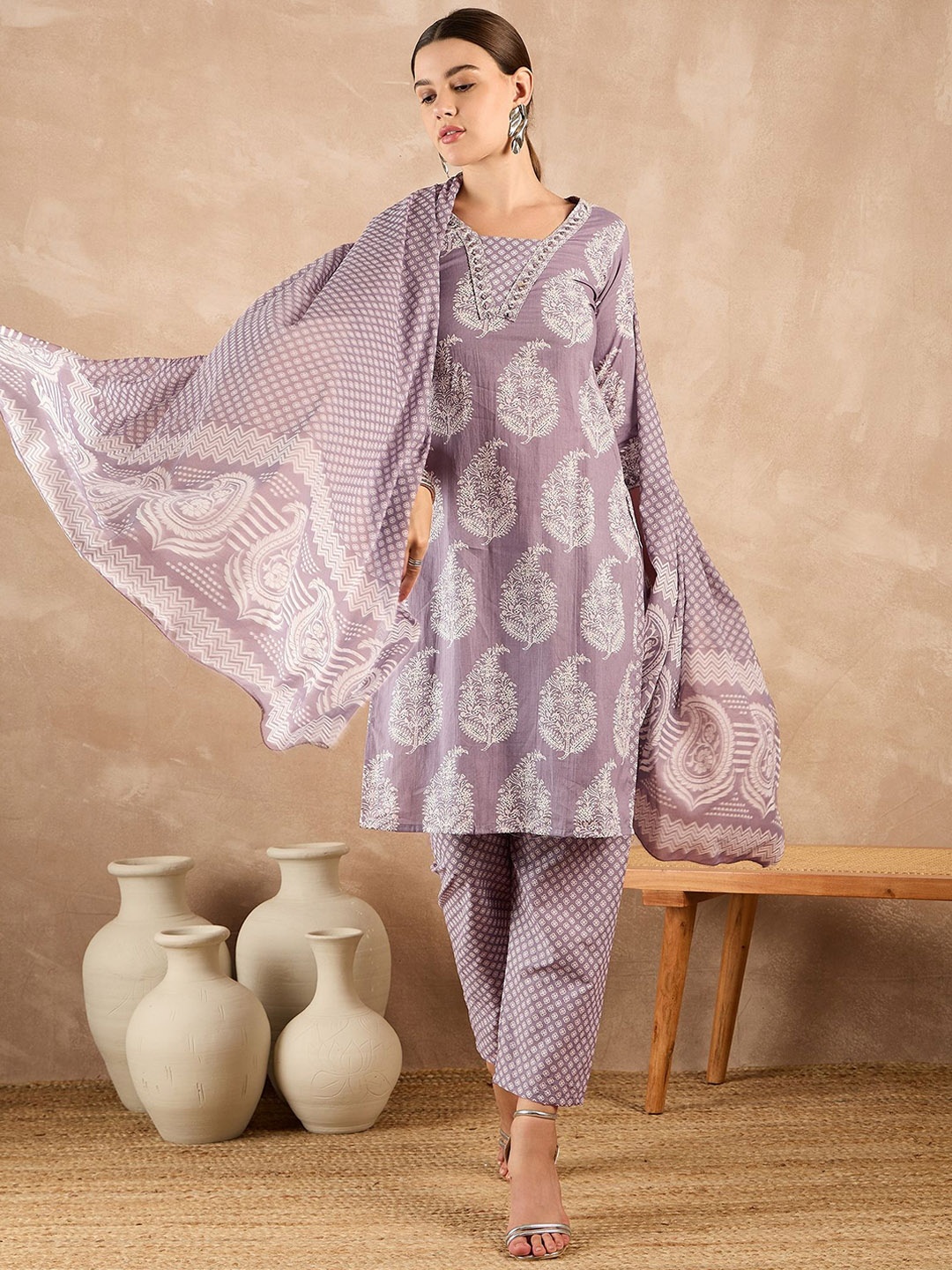 

all about you Floral Printed Mirror Work Pure Cotton Kurta with Palazzo & Dupatta, Mauve