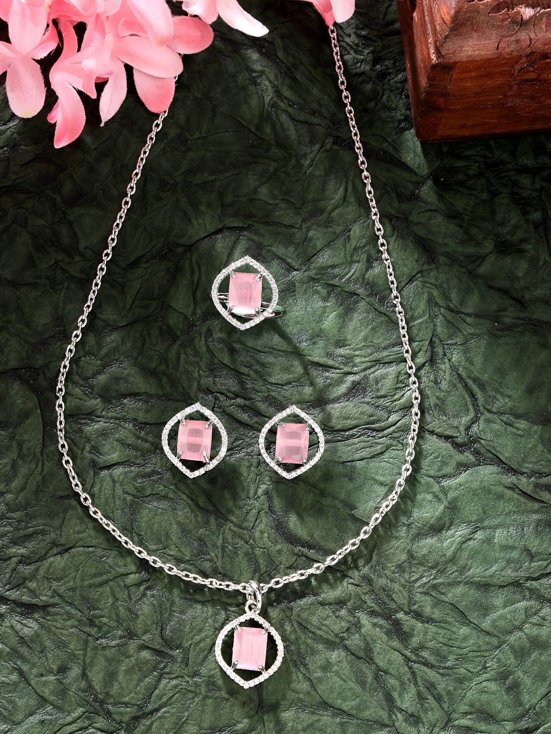 

ZENEME Silver-Plated AD Stone-Studded Marquise Halo Necklace and Earrings With Ring