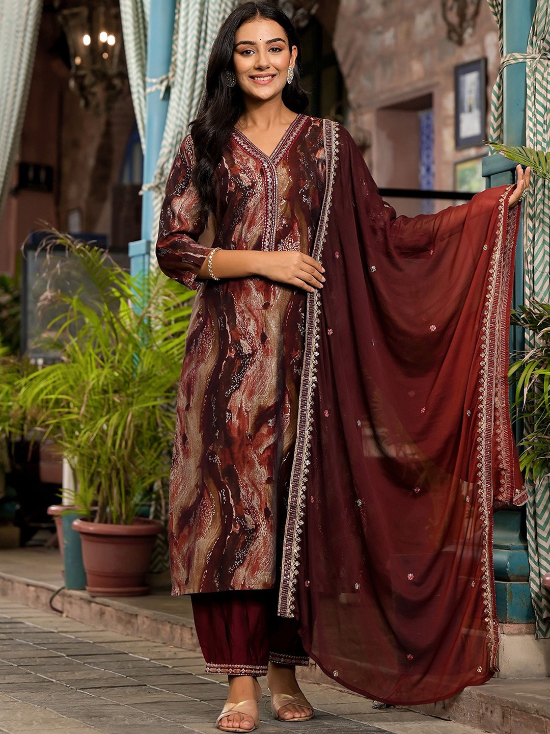 

Label Khoj Printed Sequinned Kurta with Salwar & Dupatta, Maroon
