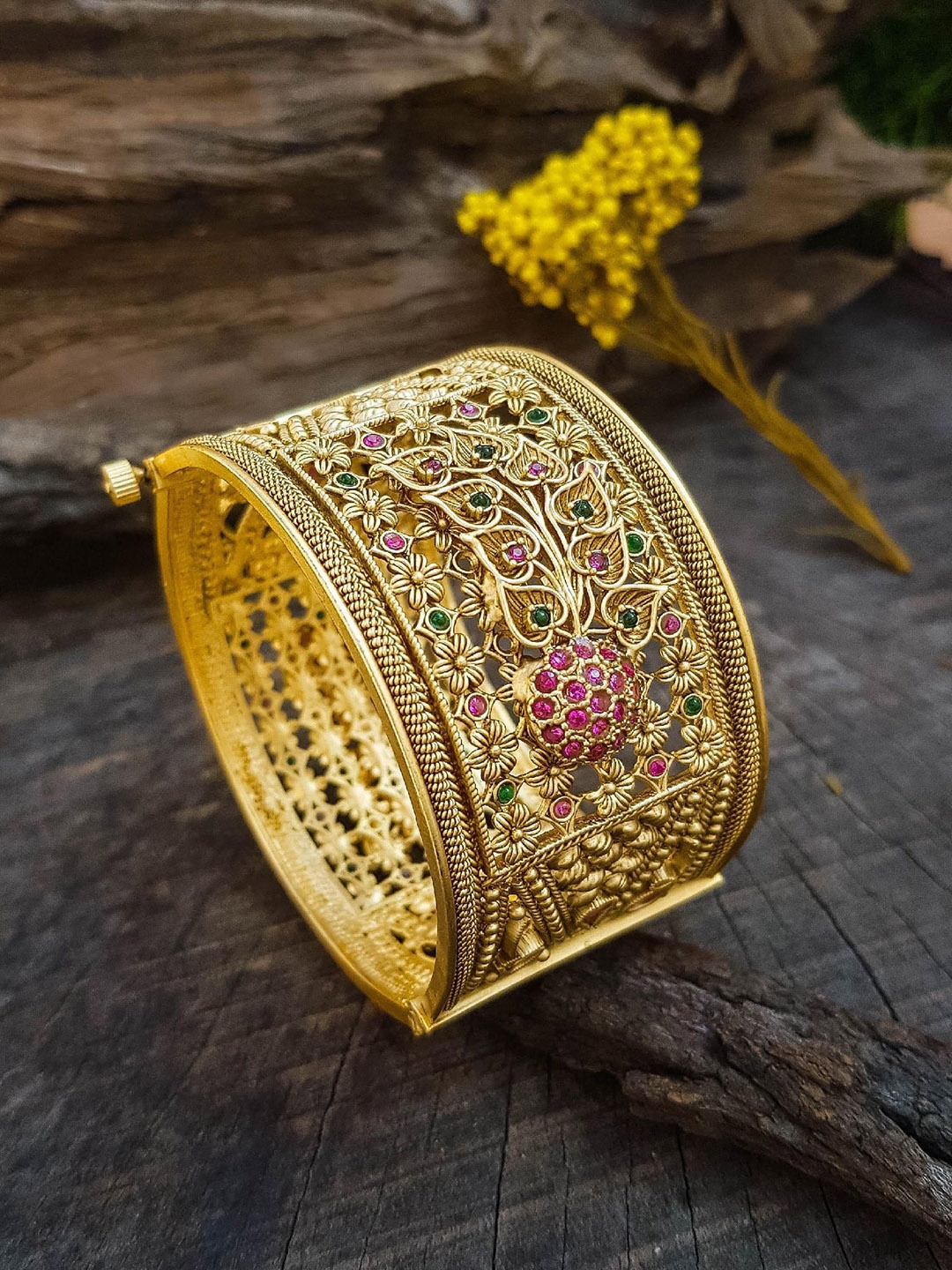 

GRIIHAM Gold-Plated Stone-Studded Broad kada Bangle