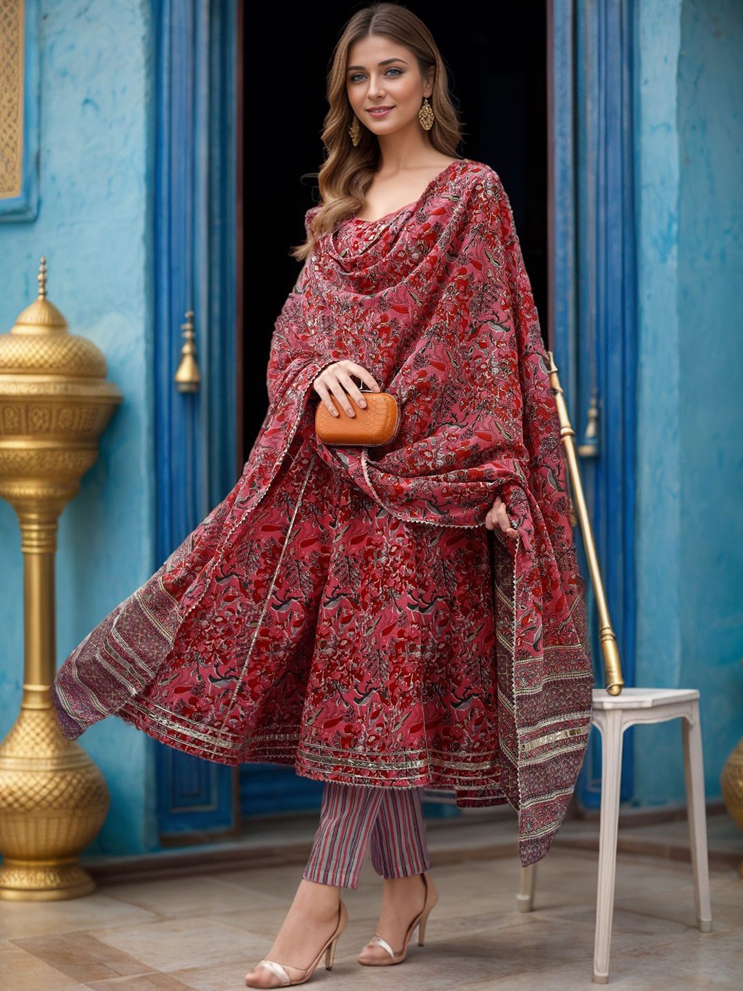

KALINI Floral Printed A-Line Pure Cotton Kurta with Trousers & Dupatta, Pink