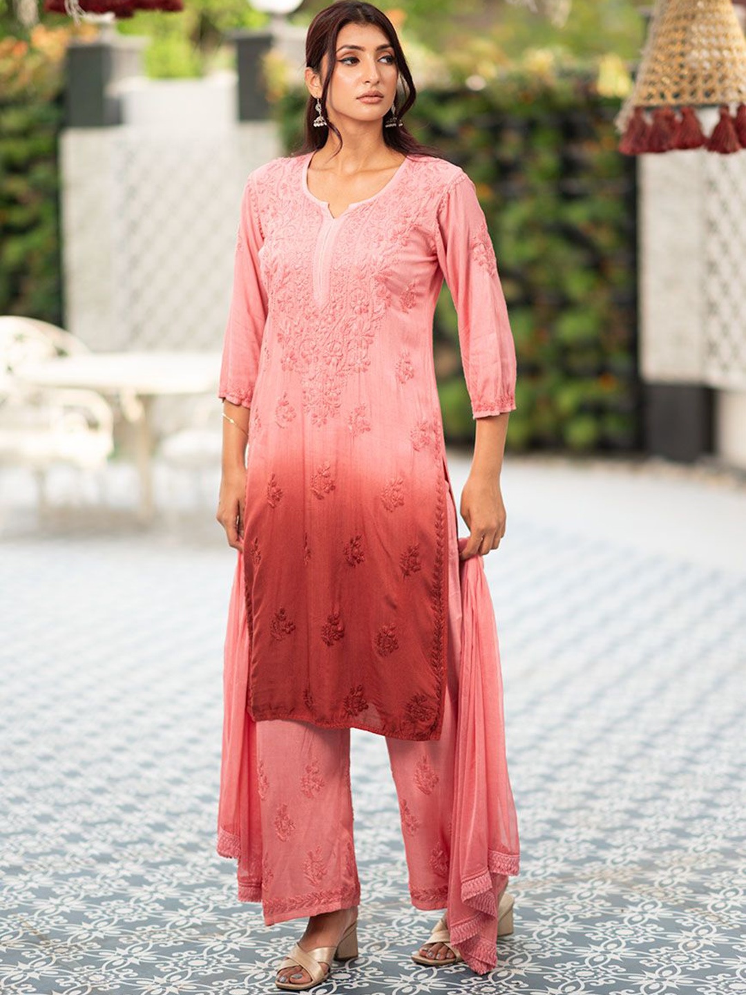 

Rangreza Ethnic Embroidered Regular Thread Work Straight Kurta with Palazzos & Dupatta, Peach