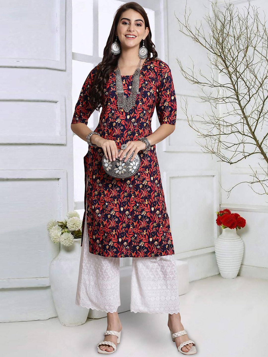 

7Threads Floral Printed Round Neck Three-Quarter Sleeves Straight Kurta, Navy blue