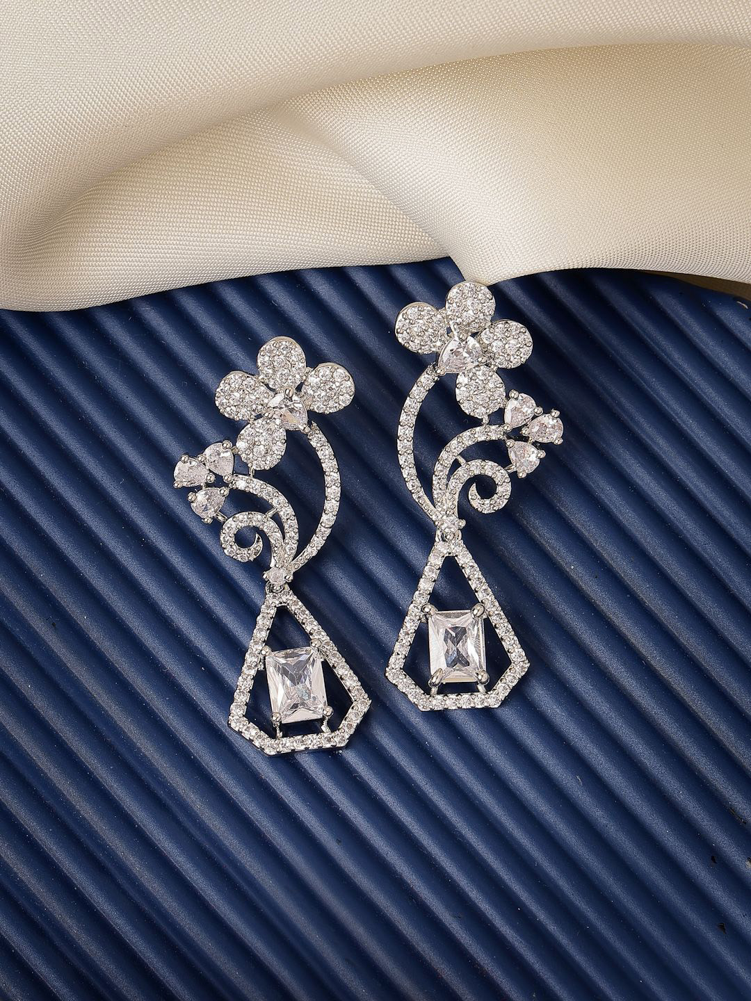 

ZENEME Rhodium Plated American Diamond Floral Drop Earrings, White