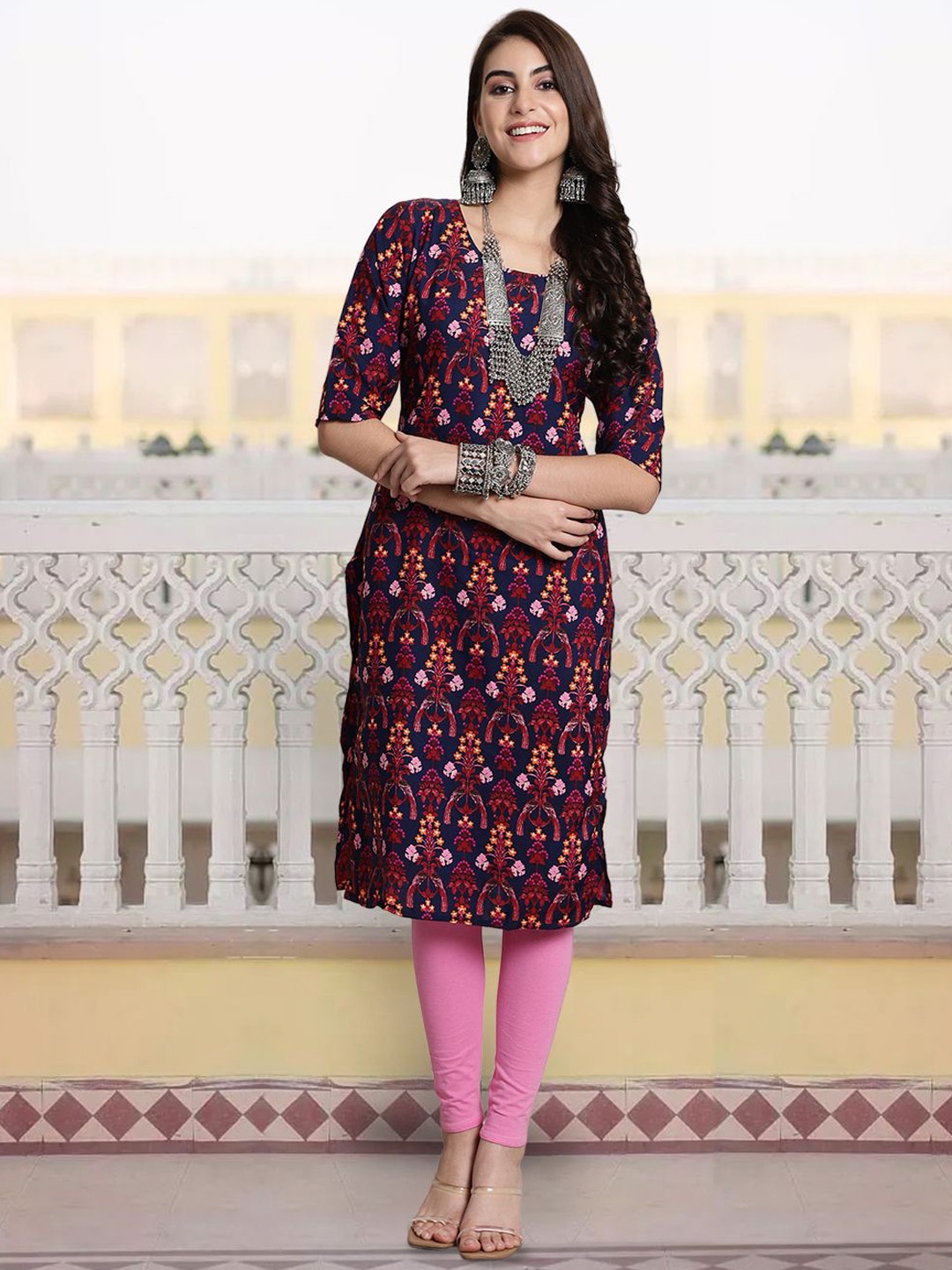 

7Threads Floral Printed Round Neck Straight Kurta, Navy blue
