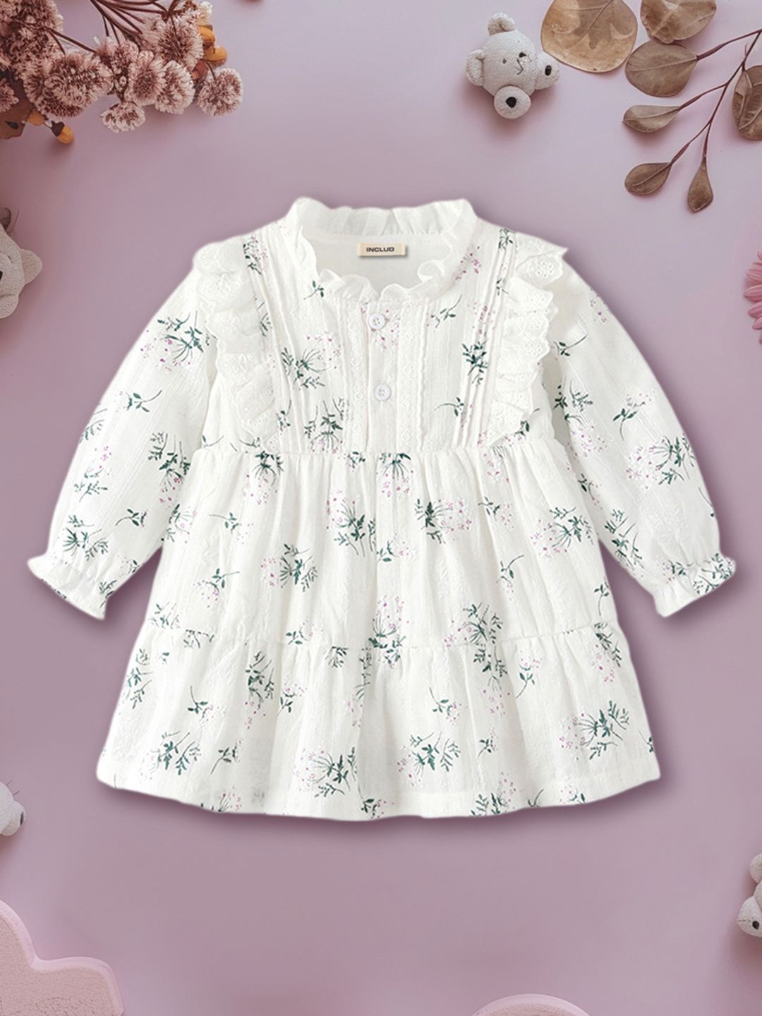 

INCLUD Floral Print Ruffle Neck Puff Sleeve Fit & Flare Dress, White