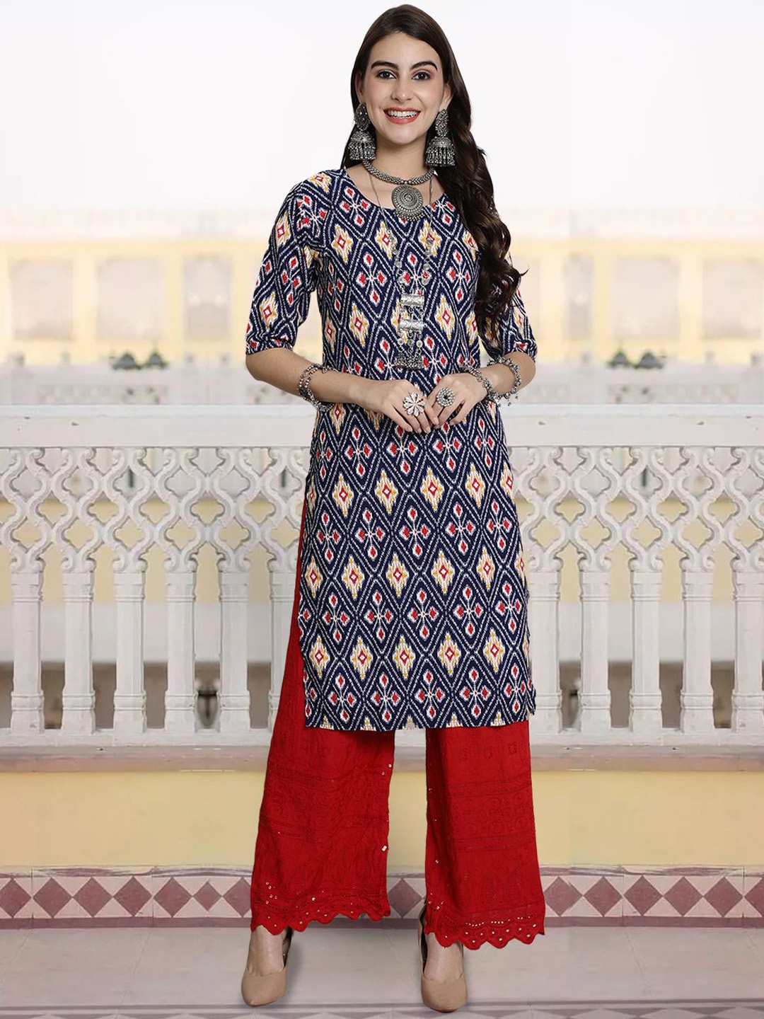 

7Threads Ethnic Motifs Printed Round Neck Straight Kurta, Navy blue