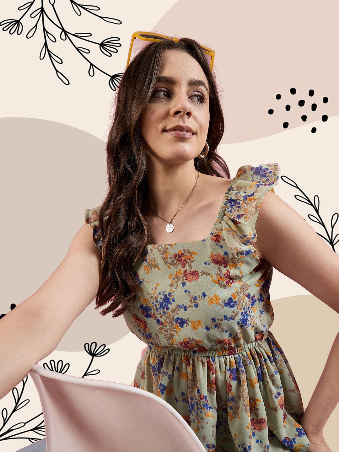 

Deewa Women Floral Printed Square Neck Top, Grey