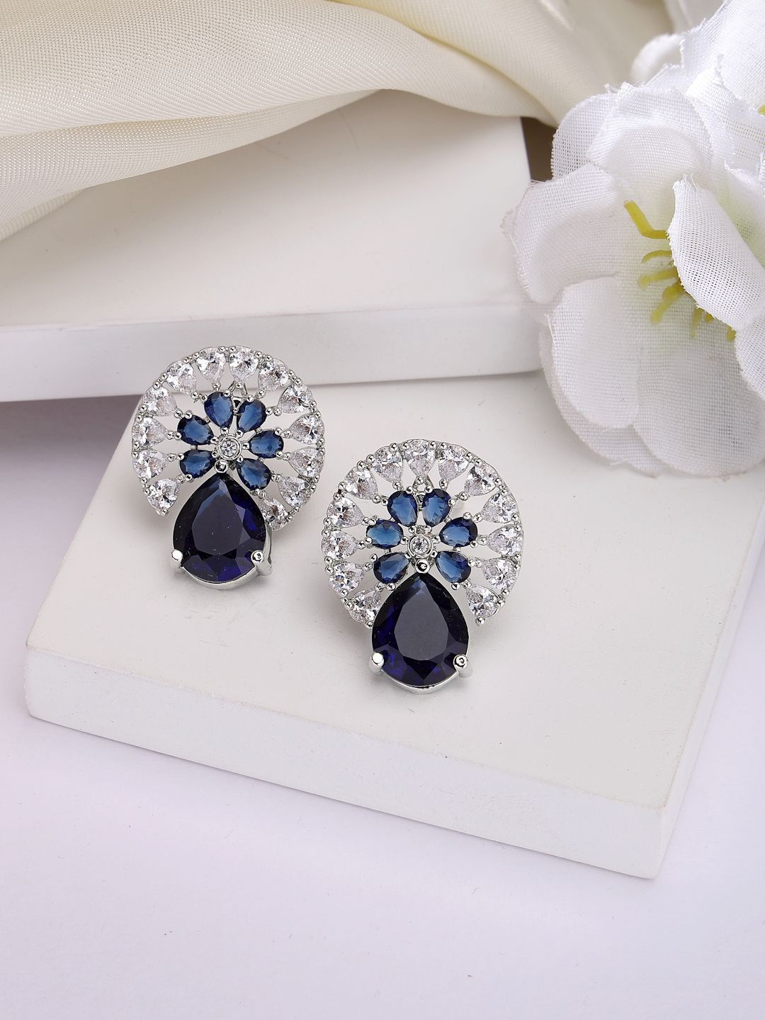 

ZENEME Rhodium-Plated American Diamond Studded Teardrop Shaped Studs, Blue