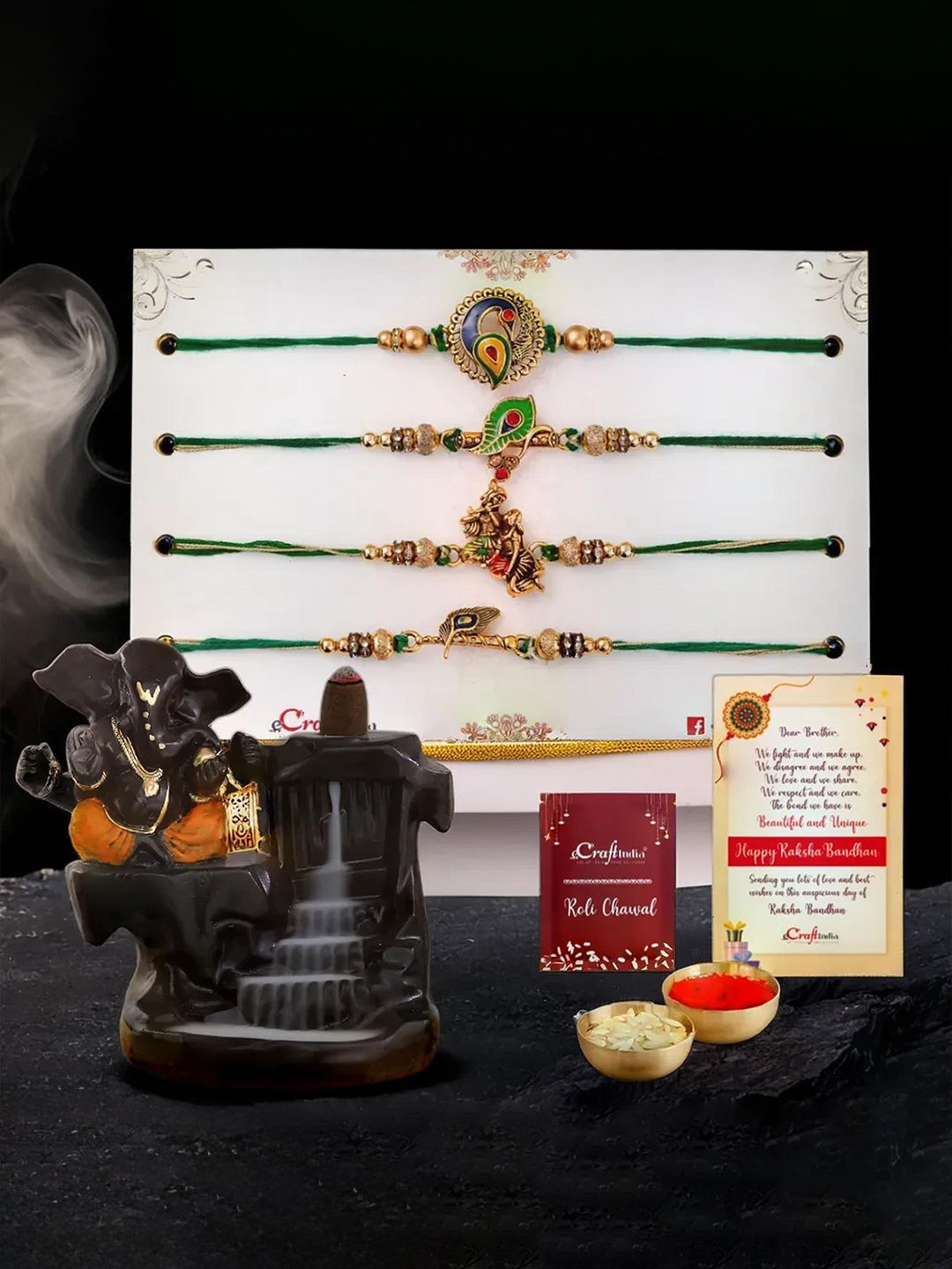 

eCraftIndia Set Of 4 Radha Krishna & Peacock Rakhis With Lord Ganesha Incense Holder, Black