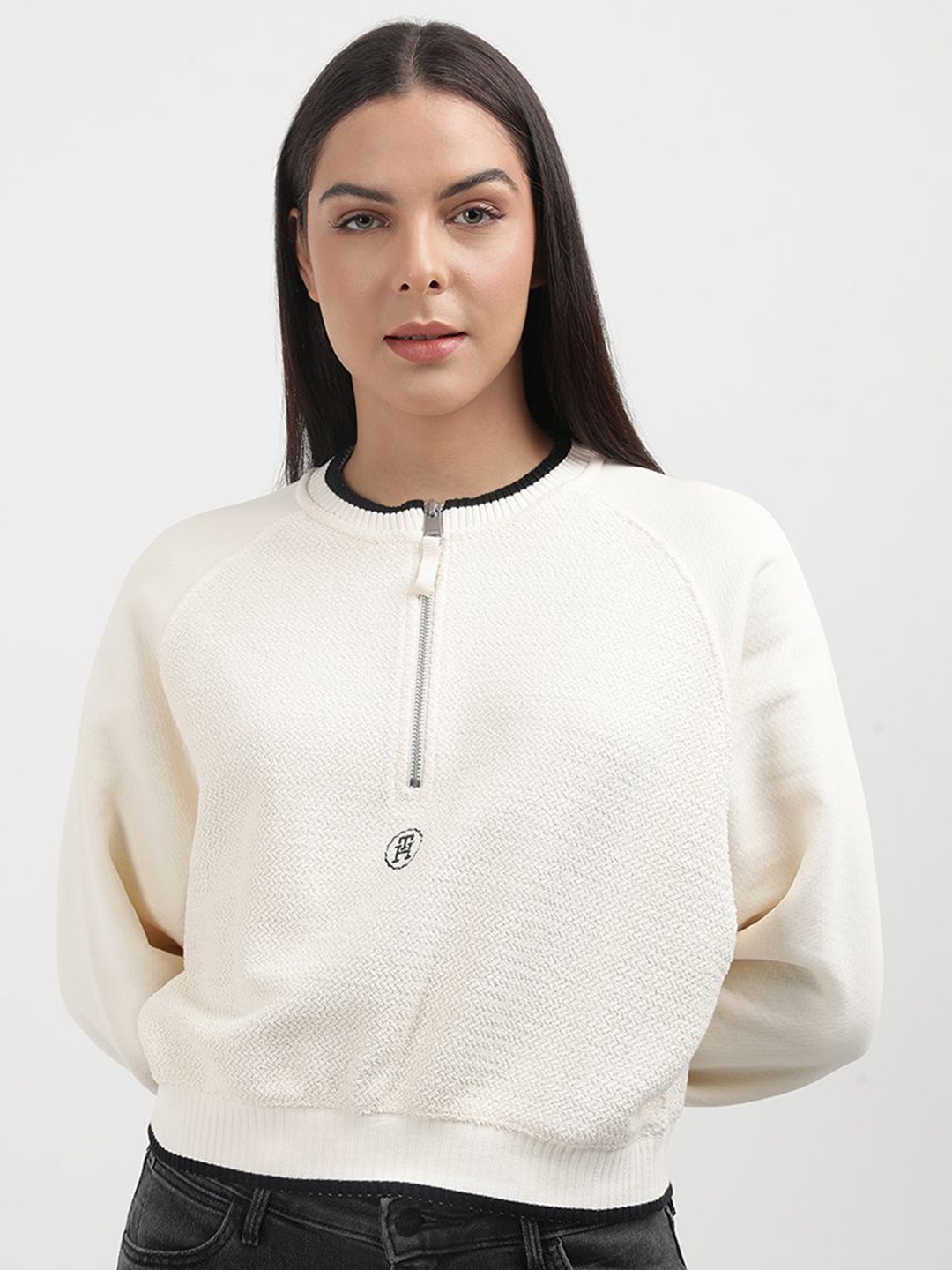 

Tommy Hilfiger Women Solid Half Zipper Crop Sweatshirt, Beige
