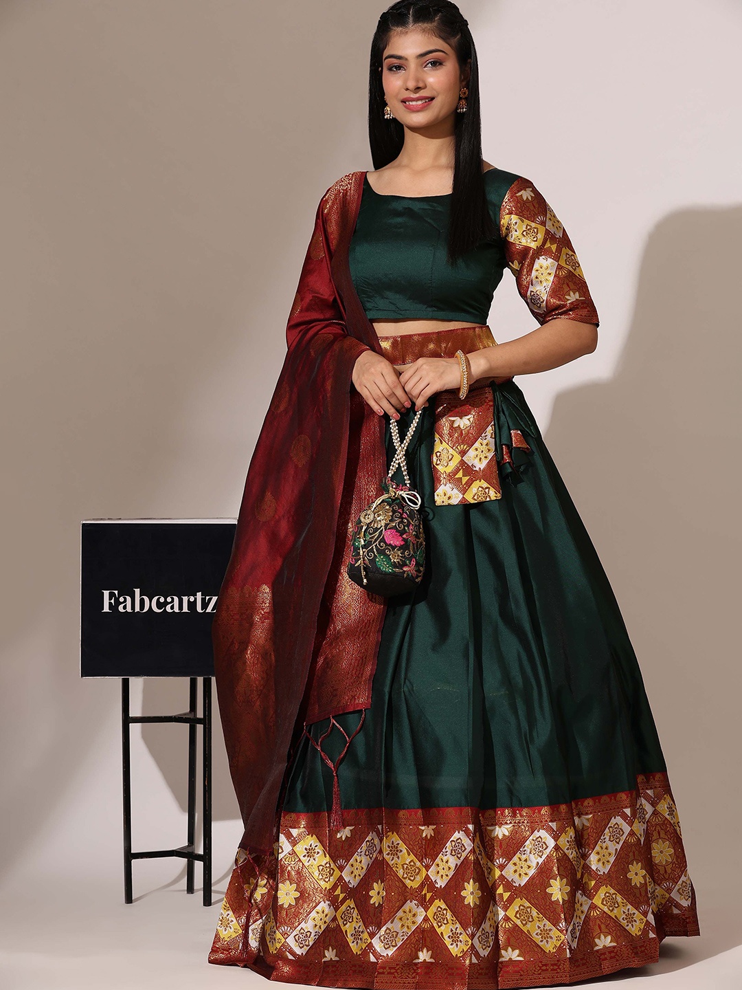 

Fabcartz Woven Design Semi-Stitched Lehenga & Unstitched Blouse With Dupatta, Green